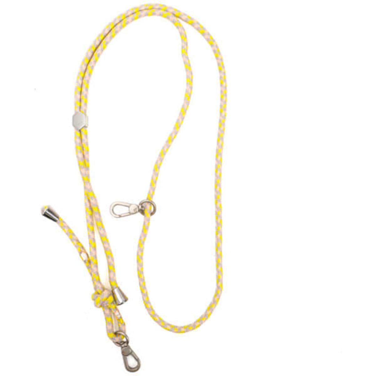 A yellow and white adjustable crossbody neck strap with metal clips for securing items. It features a braided design.