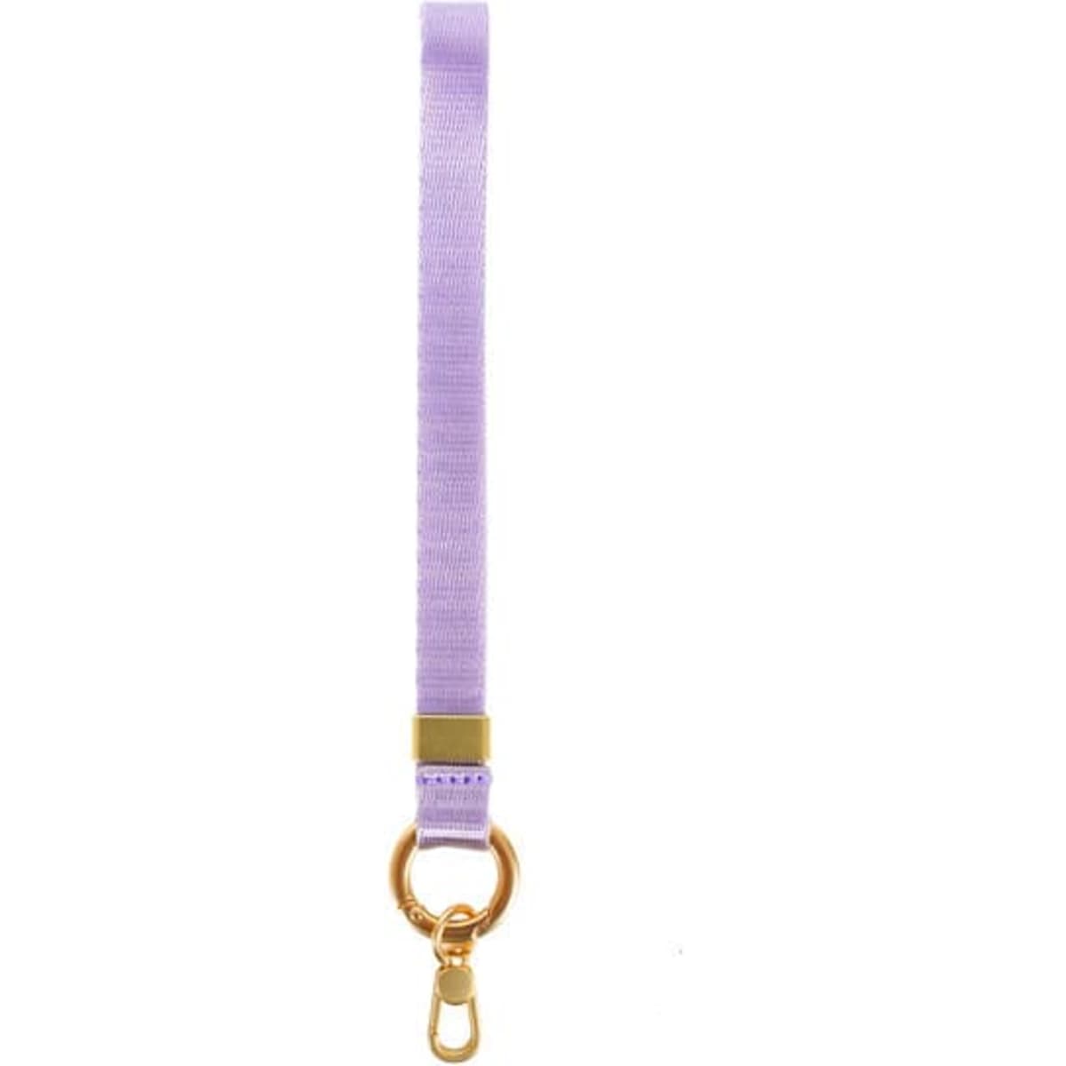 A lilac nylon phone lanyard with a gold metal ring and clip for attachment.