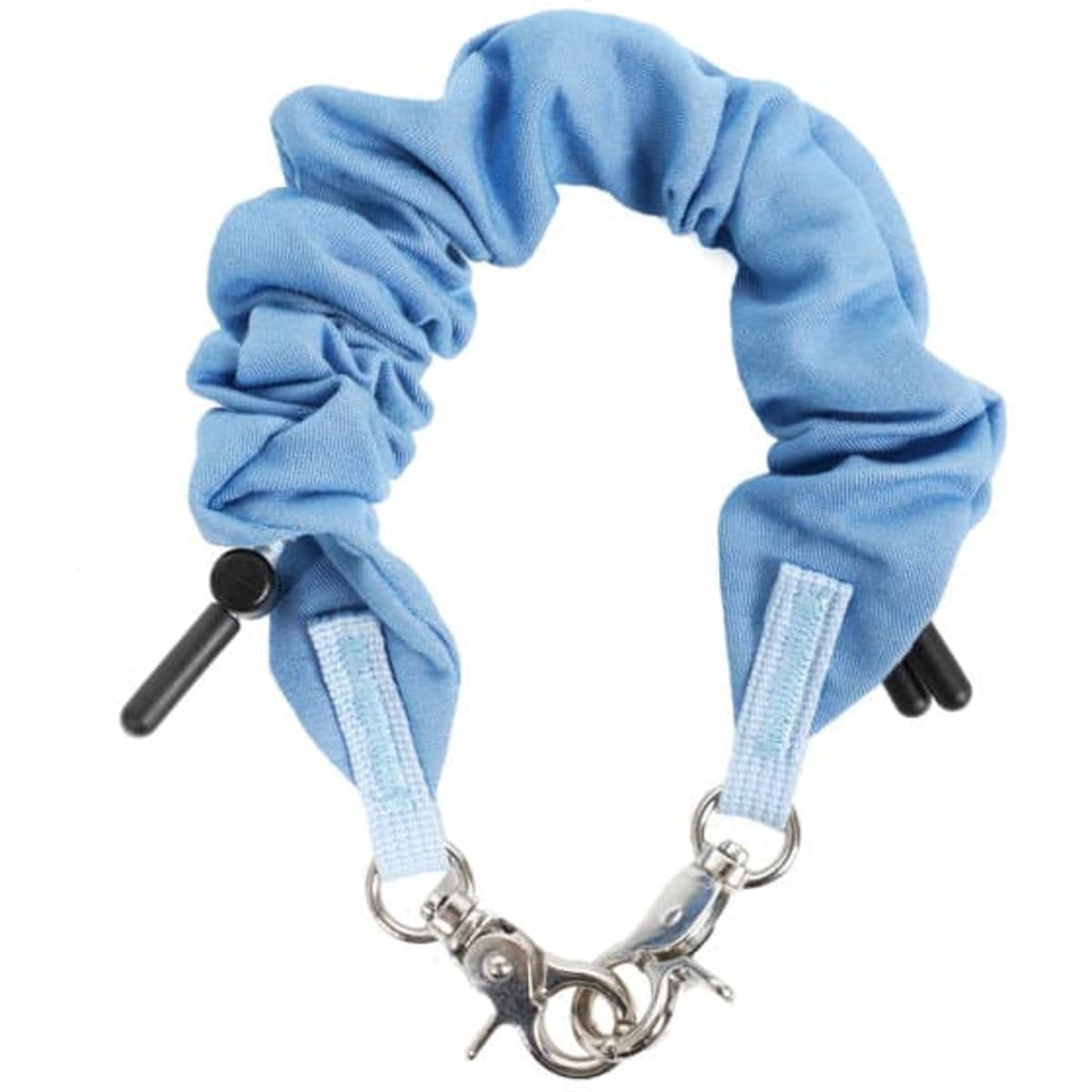 A light blue scrunchie-style phone wrist lanyard with clip attachments and a branding logo.