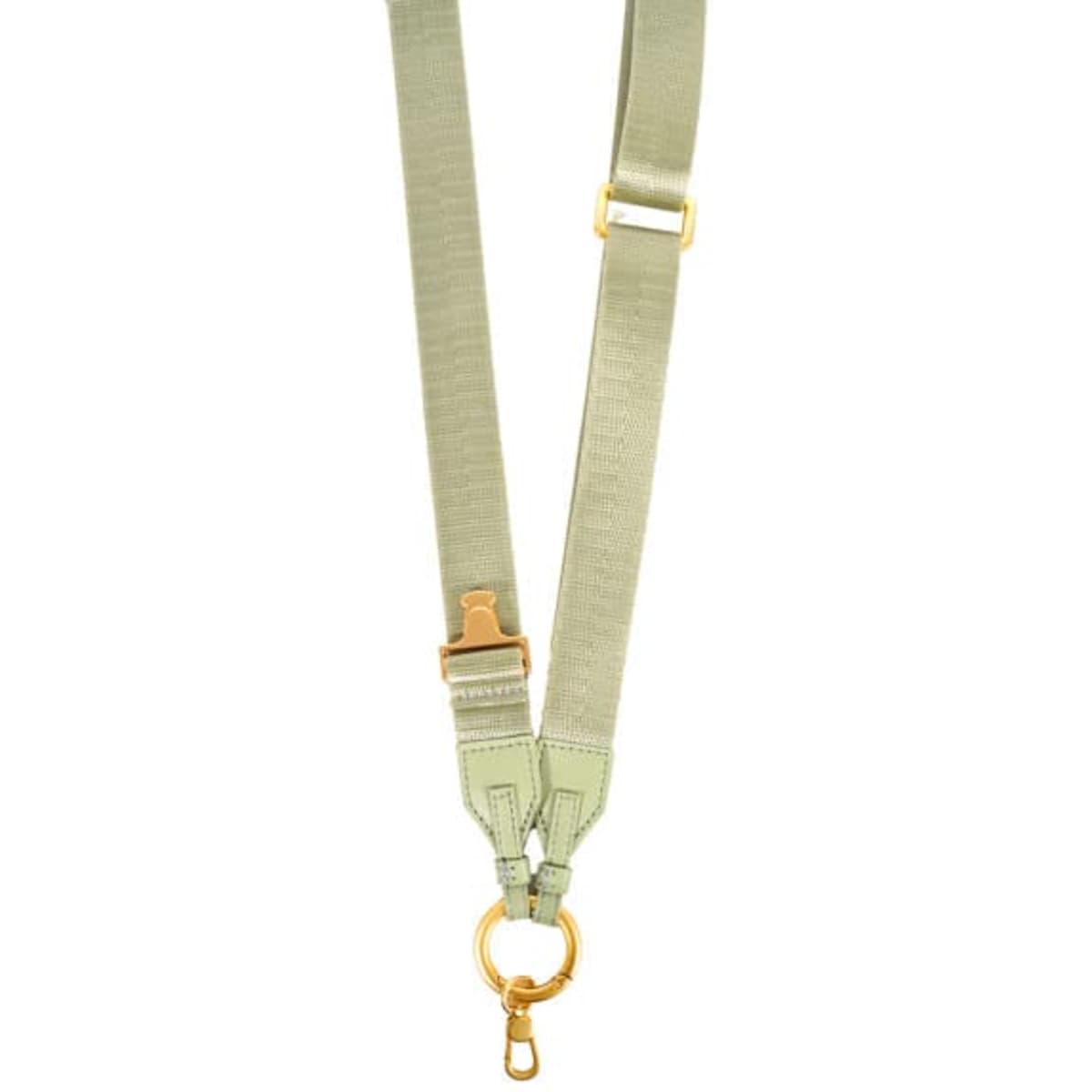 An adjustable neck lanyard in olive green featuring a gold-tone clip and hardware.