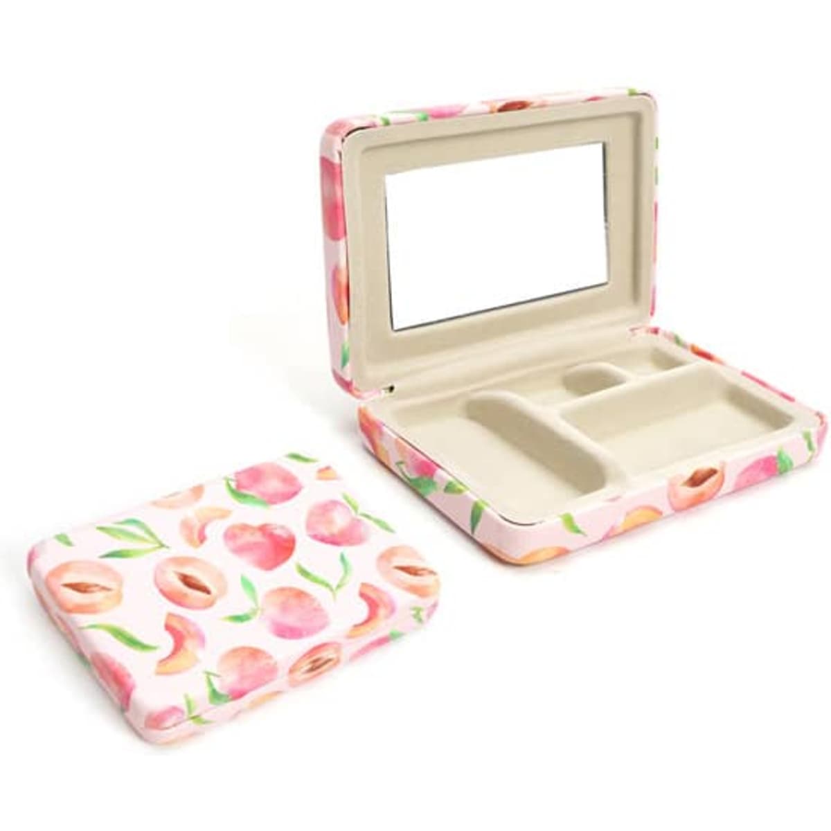A travel jewelry box with a floral design, featuring a mirror and compartments inside, in shades of pink and cream.