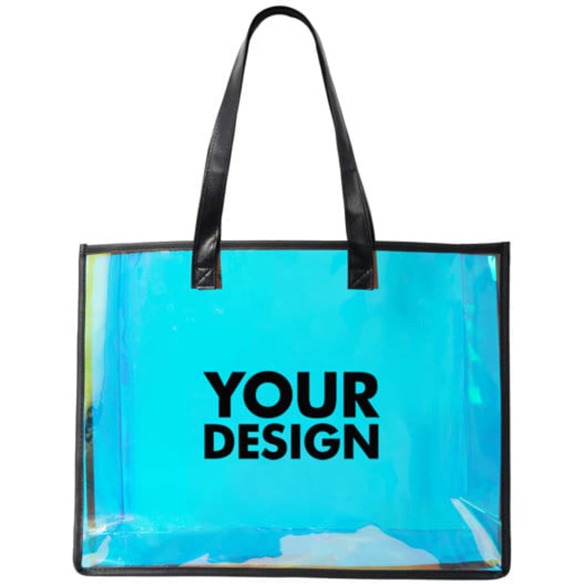 A holographic beach tote bag with a transparent aqua body and black handles, featuring a logo on the front.