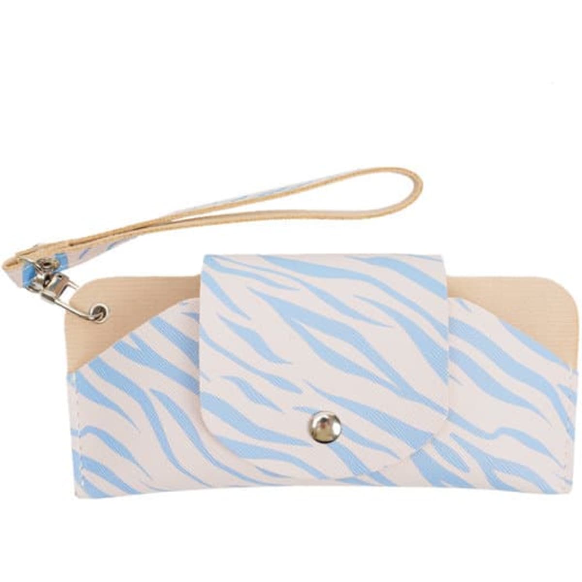 A portable eyewear pouch in cream and light blue with a striped pattern and a wrist strap. It features a clasp closure.