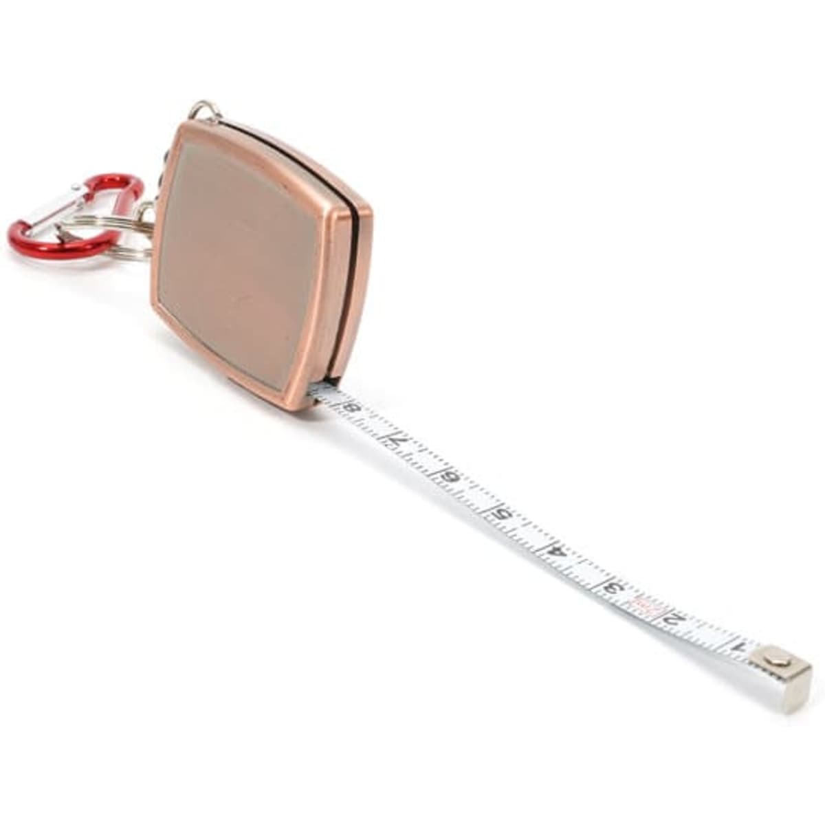 A mini keychain tape measure in copper with a silver measuring tape and a red keychain clip.