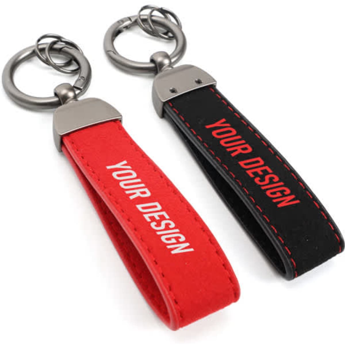 A custom car keychain featuring a red and a black strap with a metal ring, both displaying placeholder design text.