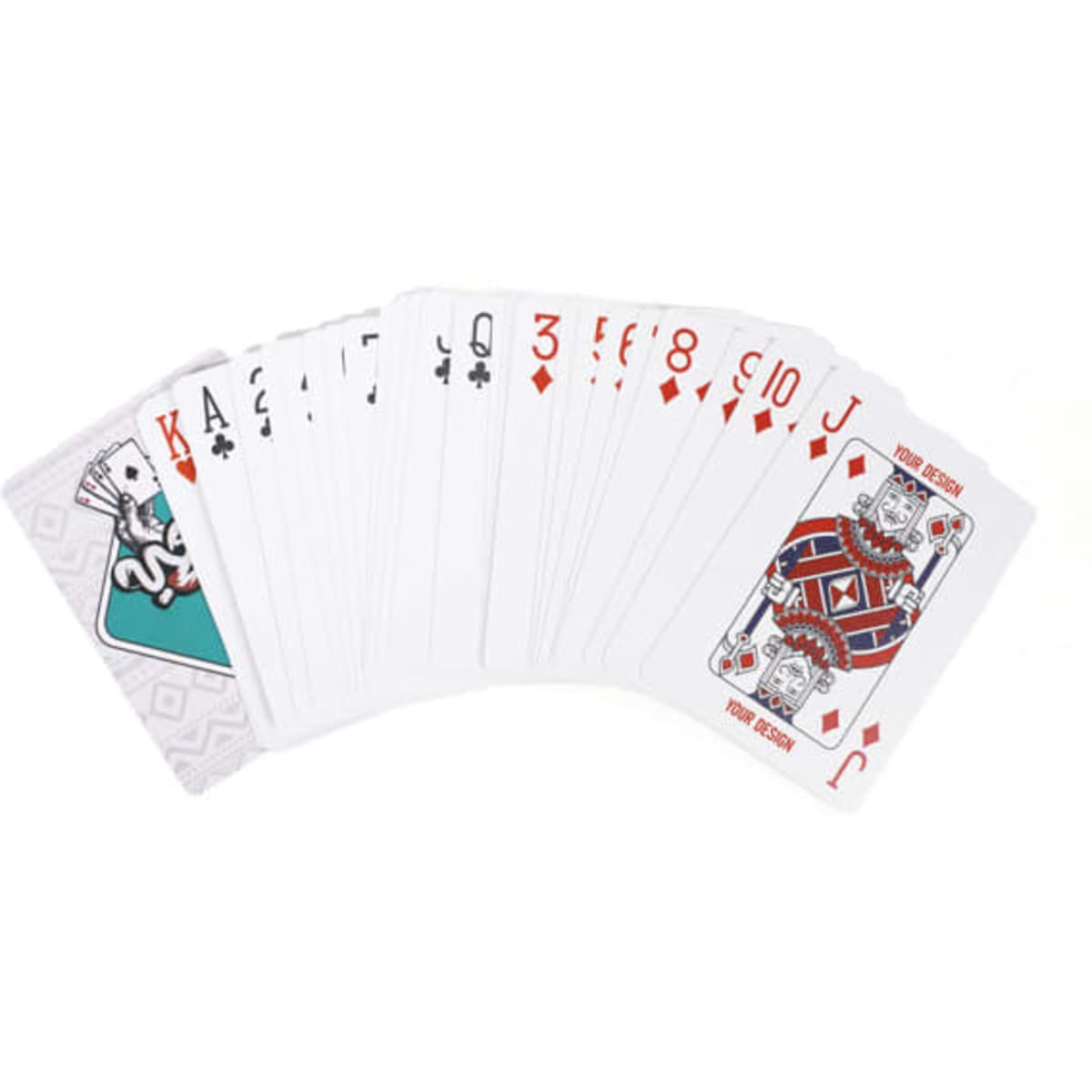 A set of custom PVC playing cards featuring a mix of red and black suits with a unique design on the back.