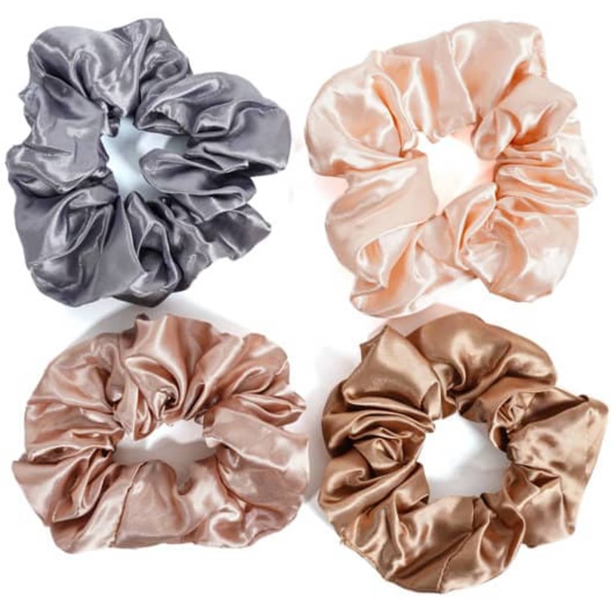 Four satin hair scrunchies in grey, pale pink, rose gold, and brown, arranged in a square layout. One has a logo.