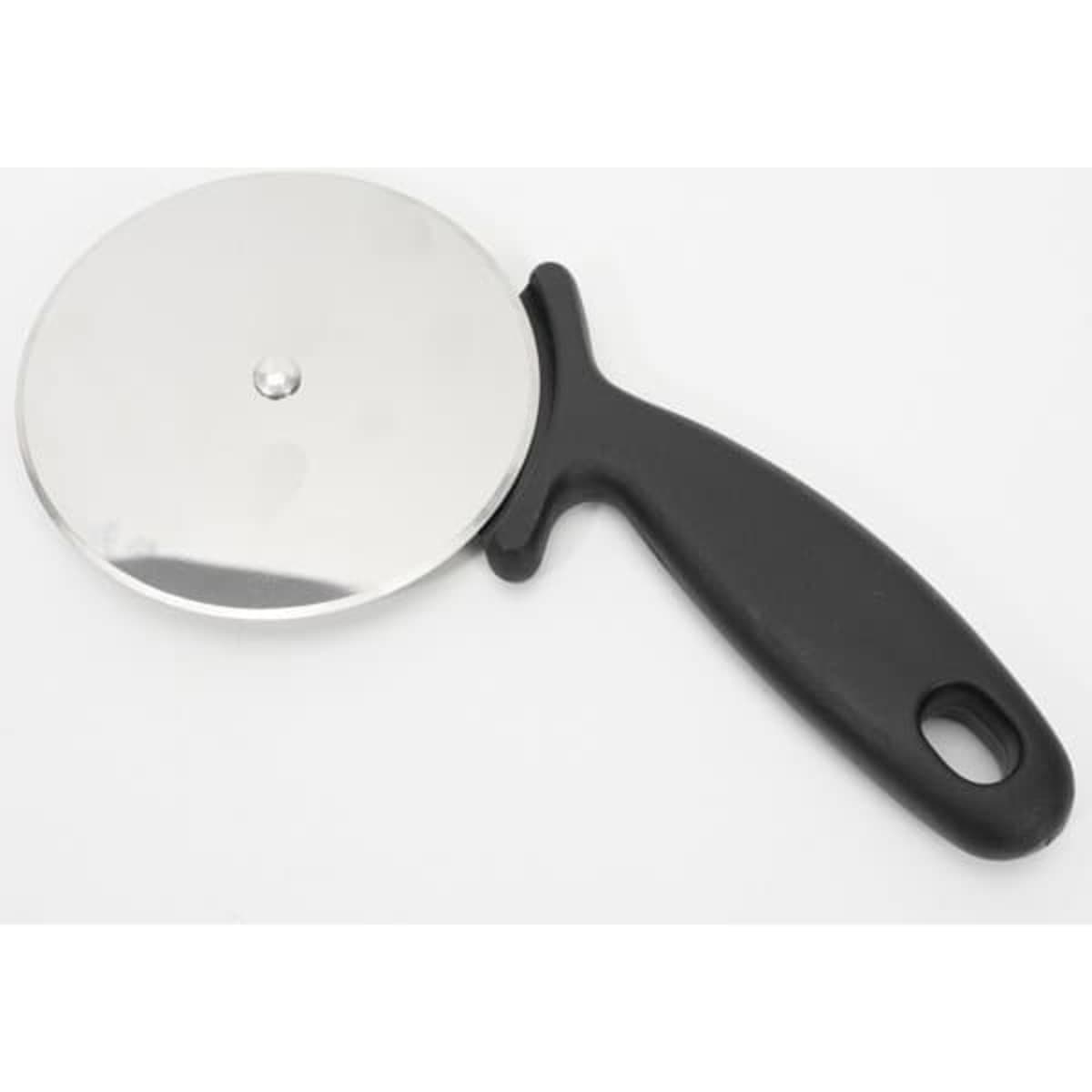 A stainless steel pizza cutter wheel with a black handle, featuring a circular cutting blade and a hanging hole.