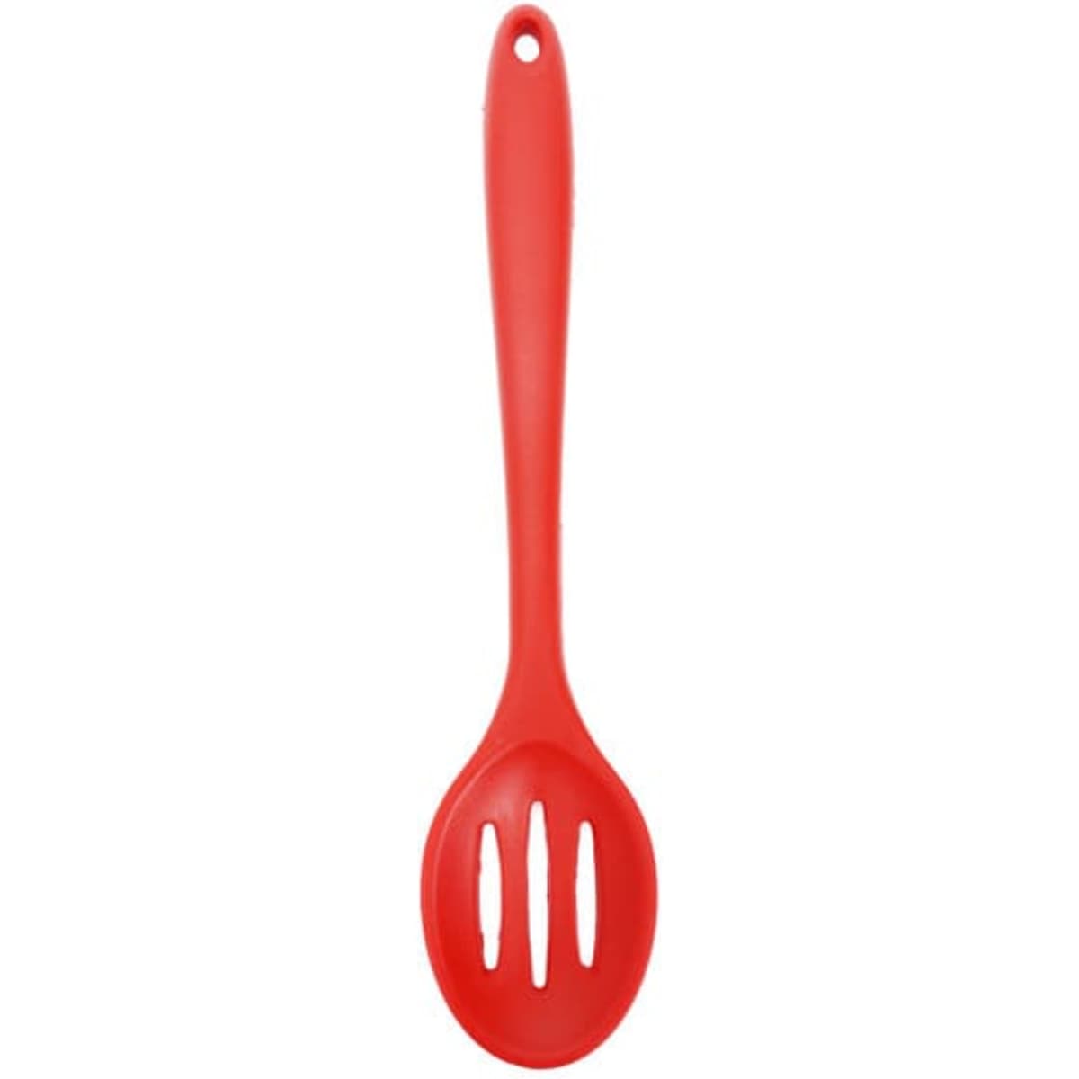 A red silicone slotted spoon with a long handle and three slots for draining. It features a branding logo.