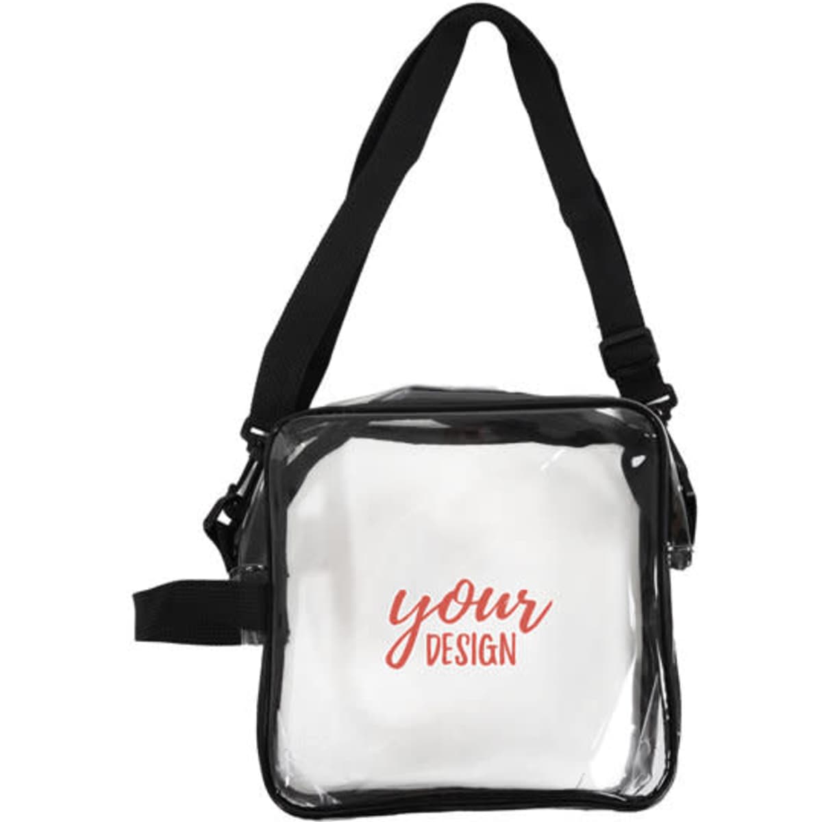 A clear PVC crossbody bag with a black strap and a white insert displaying a design. It has a logo on the front.