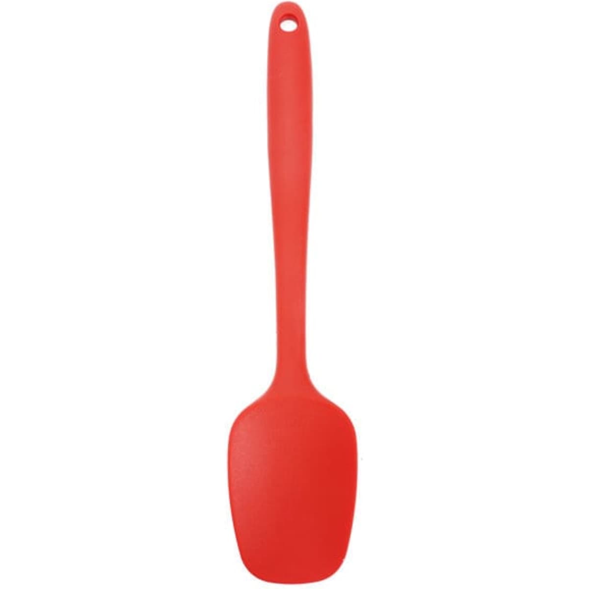 A red silicone spoon with a long handle, designed for high heat cooking, featuring a simple design.