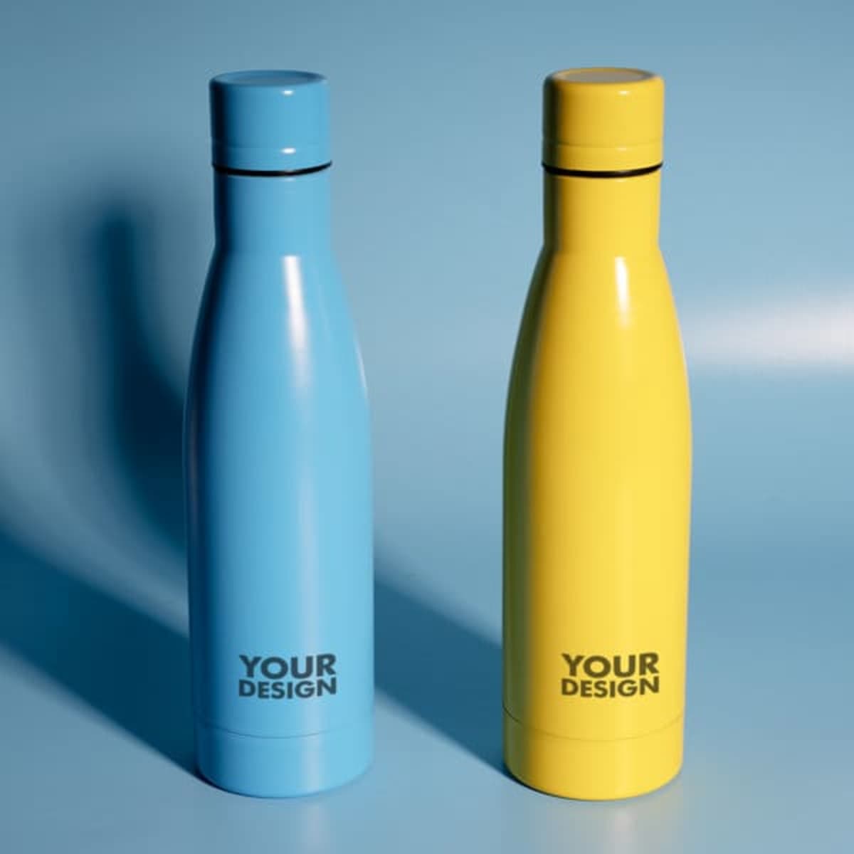 A drink bottle duo in blue and yellow, featuring a sleek design and branding detail.