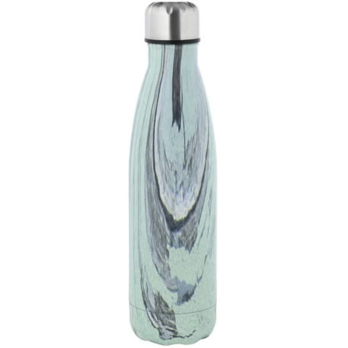 A drink bottle in a marble-patterned mint green design with a stainless steel cap and a logo.