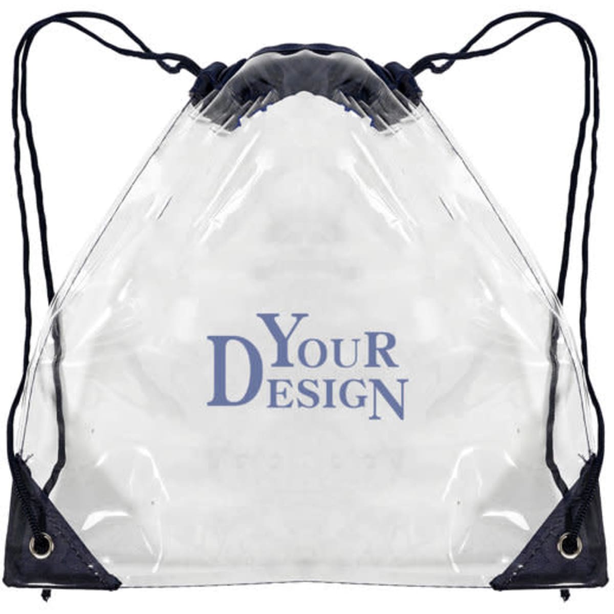 A clear waterproof drawstring bag with dark blue accents and a logo on the front.