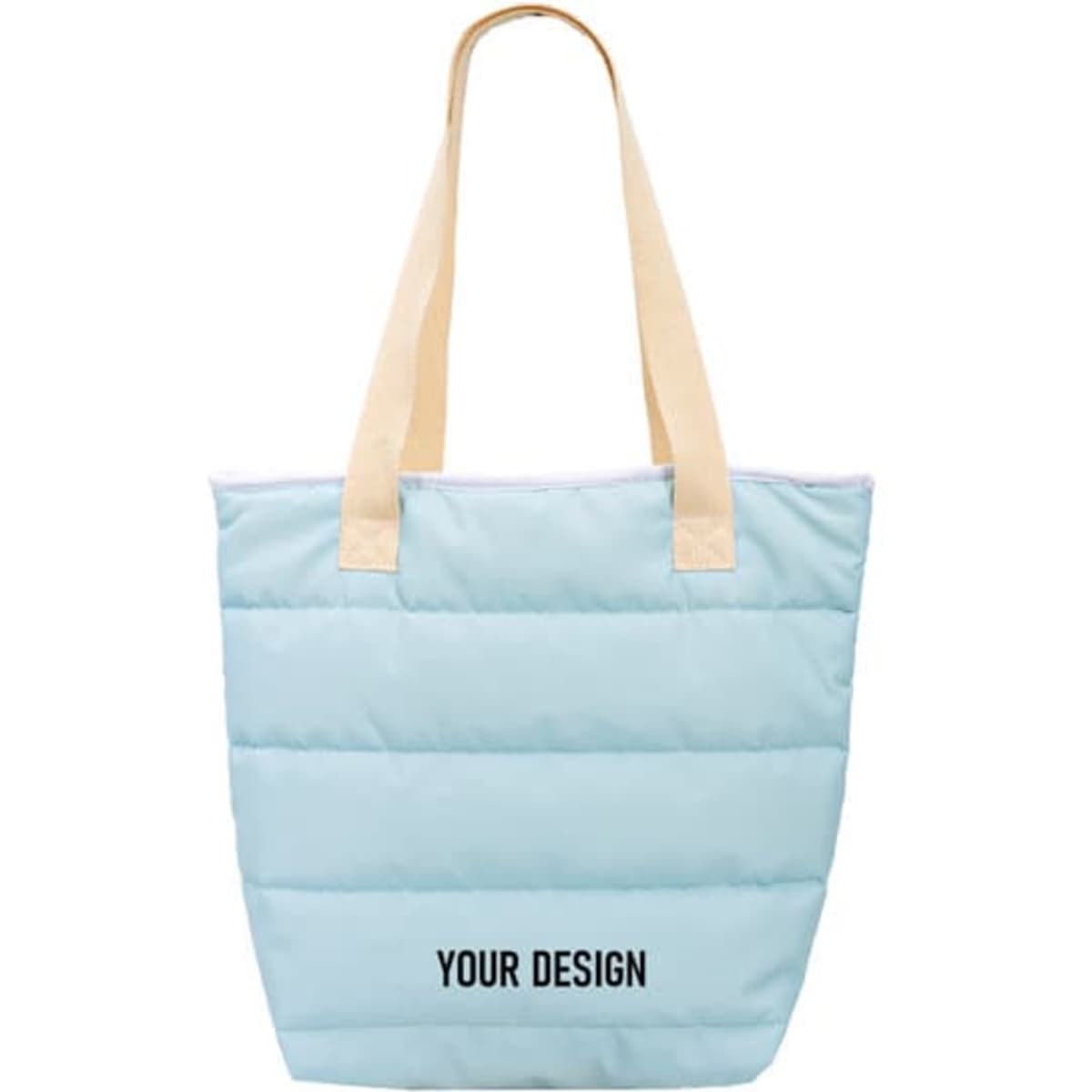 A puffy shoulder tote bag in light blue with cream straps and a blank area for custom design.