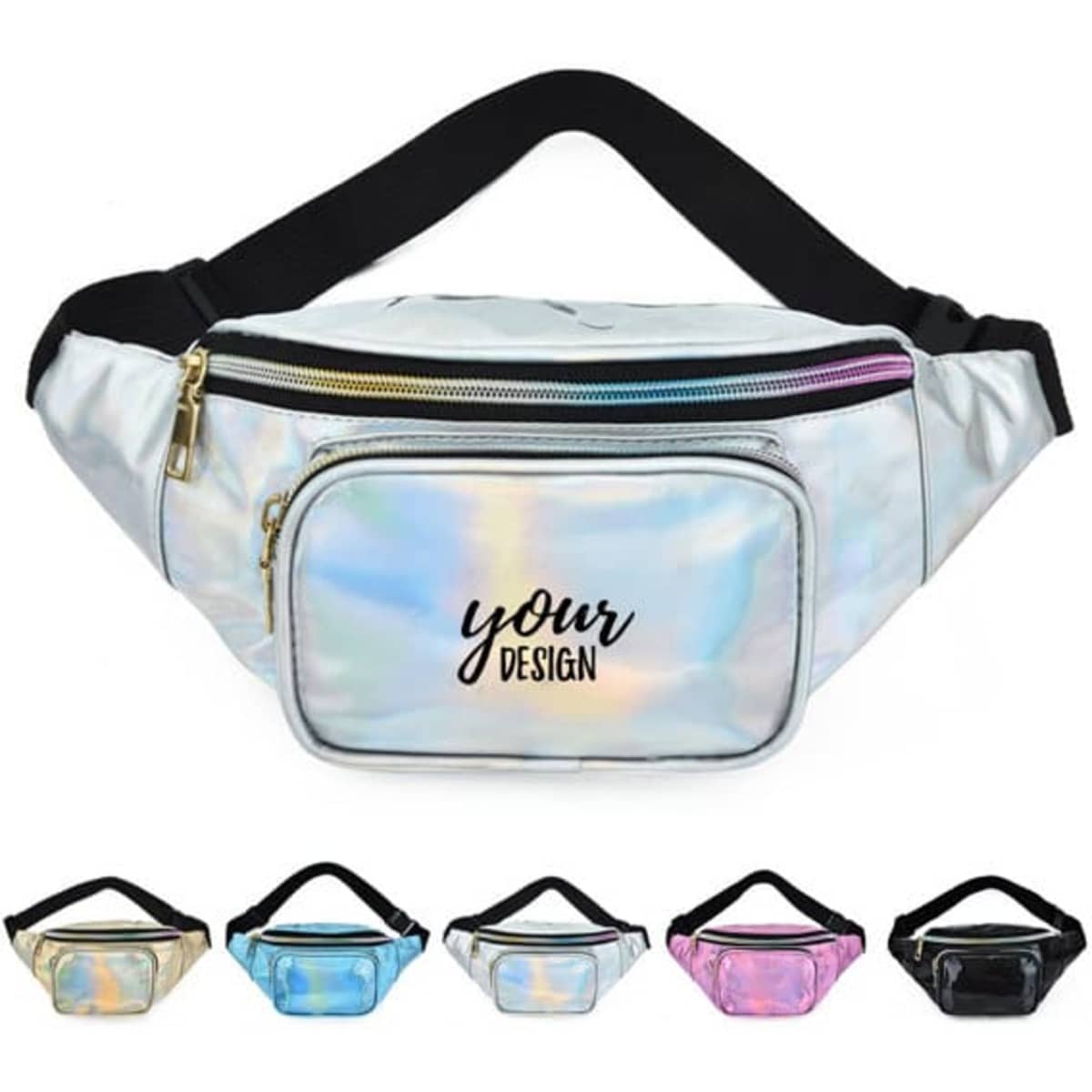 A holographic fanny pack in silver with a main compartment and a smaller front pocket, featuring a logo.