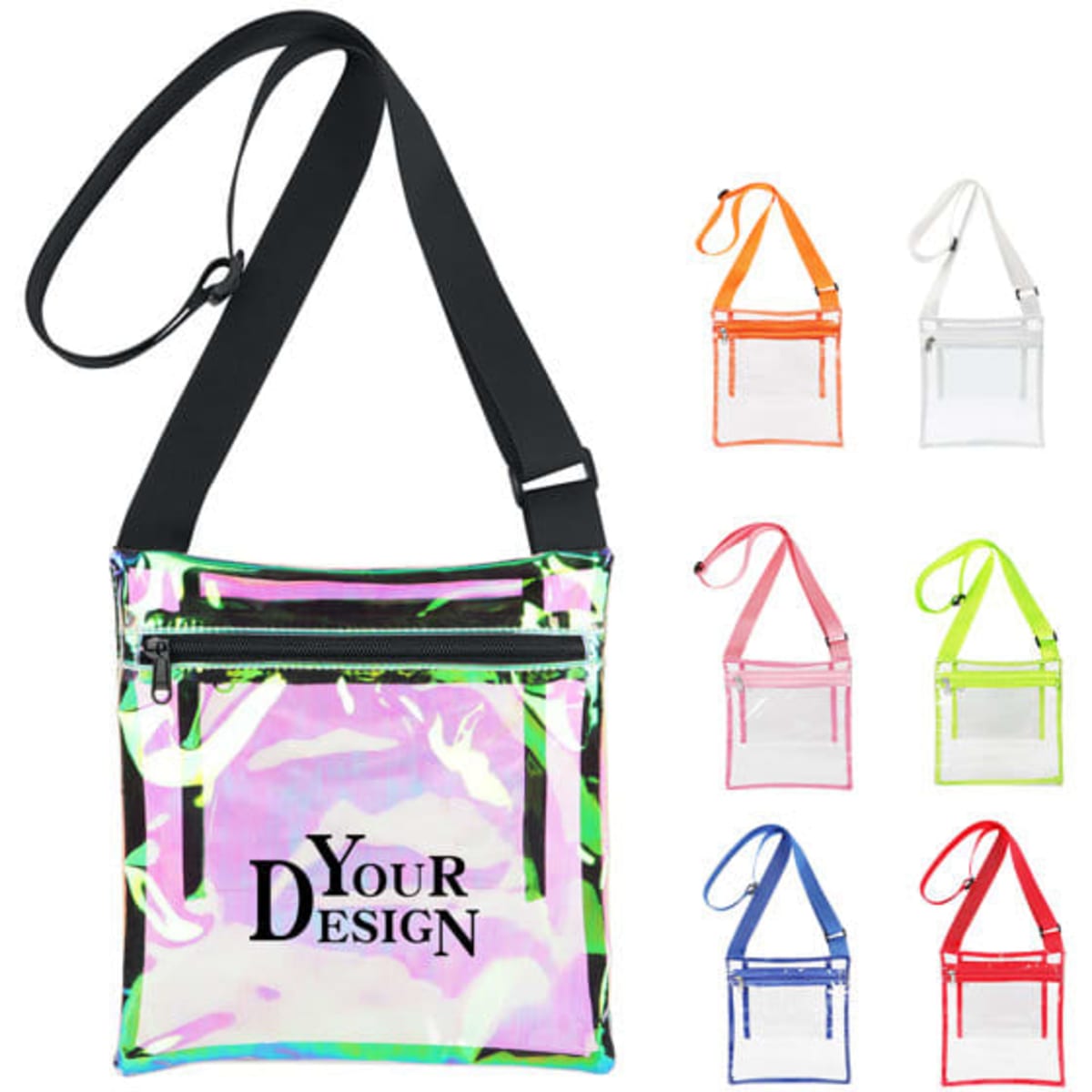 A holographic clear crossbody bag with a black strap, featuring multiple colour variations in the background.