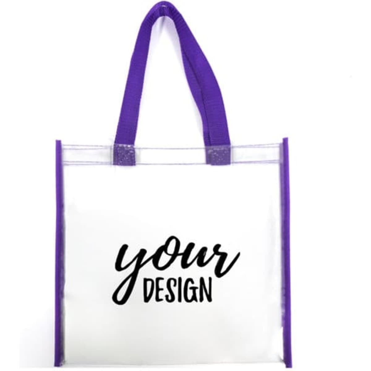 A purple and white PVC tote bag featuring a transparent design and a logo on the front.