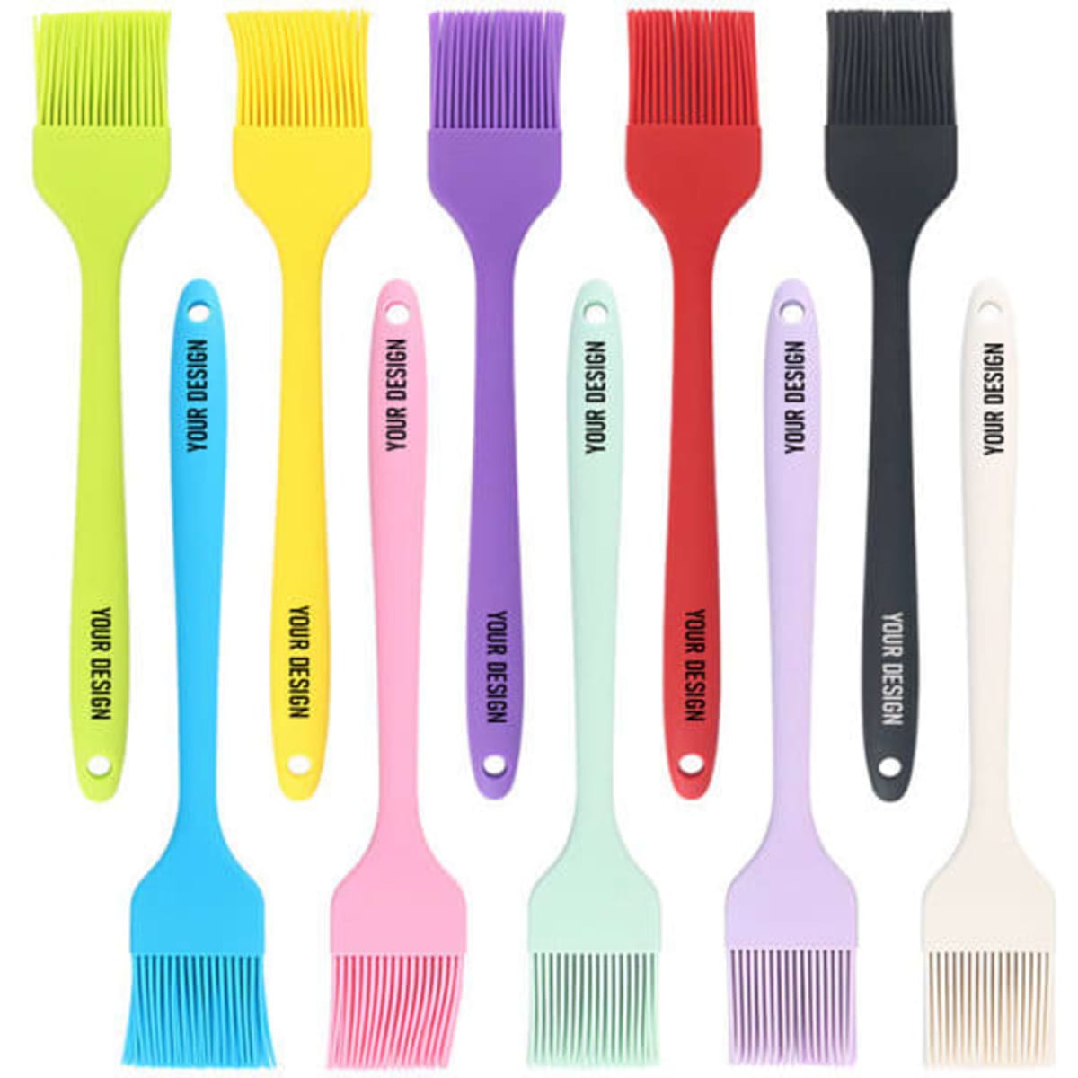 A collection of 10-inch silicone basting brushes in various colours, including yellow, purple, red, and blue, with branding.