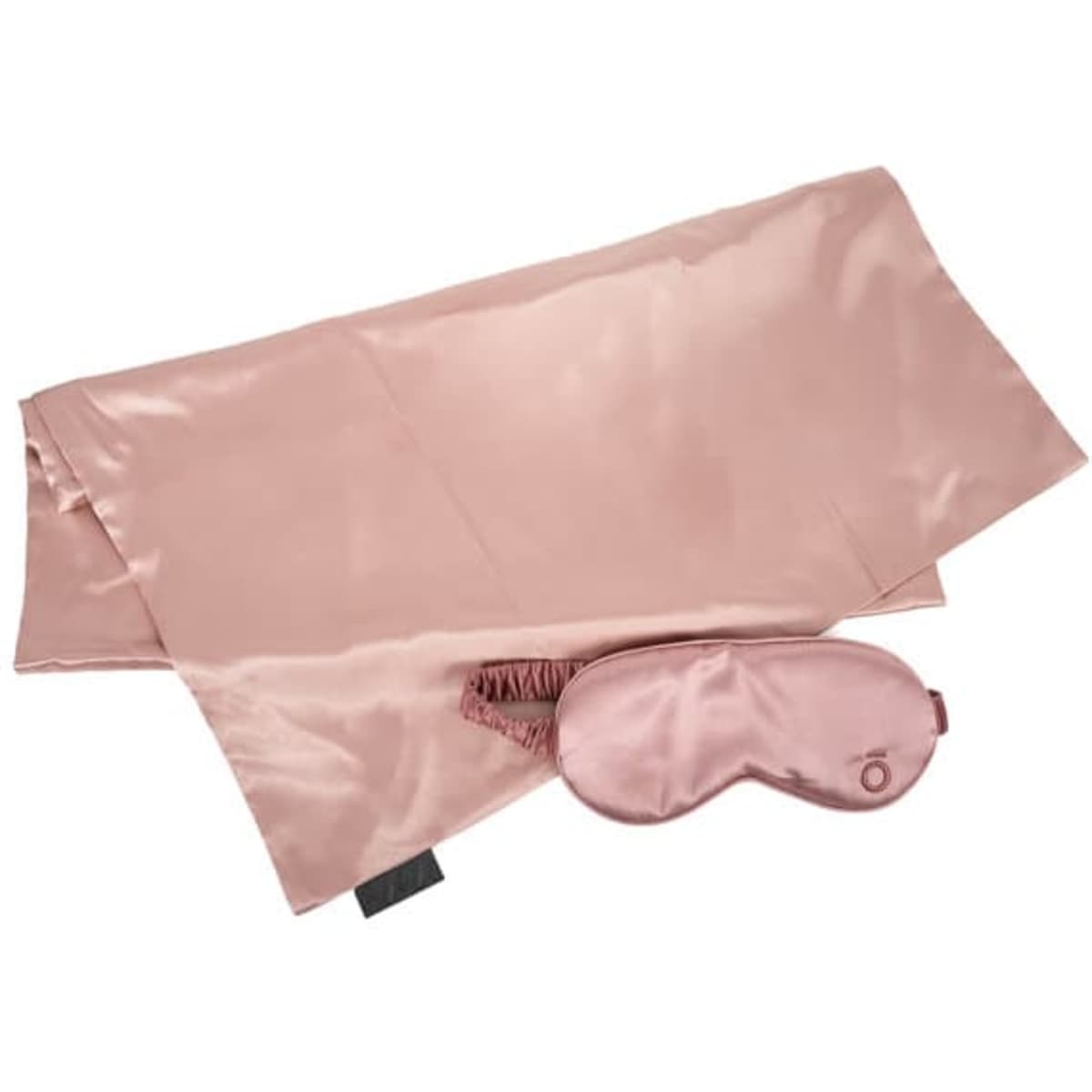 A satin pillowcase in rose pink paired with a matching sleep mask. The set features a logo on the mask.
