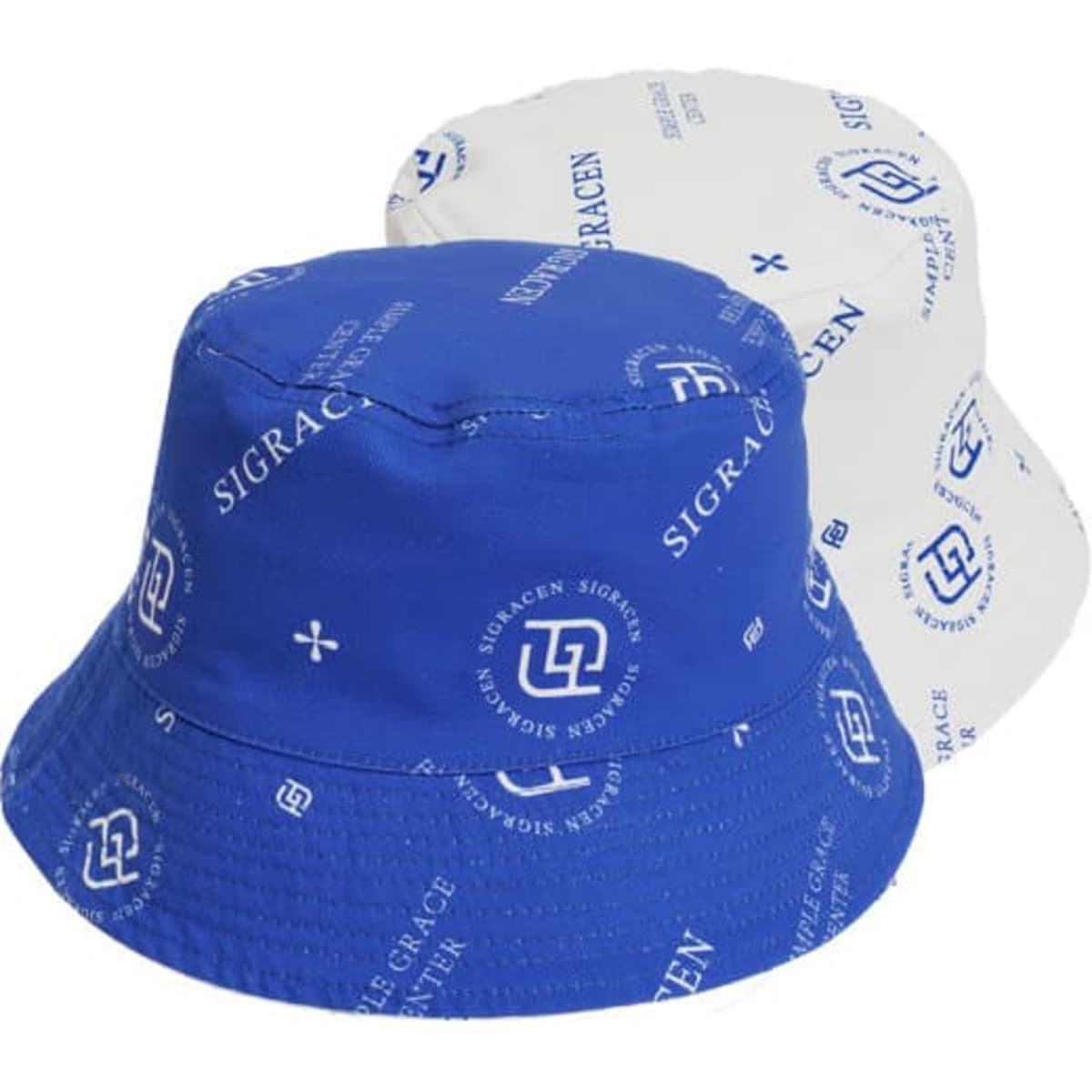 A custom reversible bucket hat in blue and white featuring various logos and branding.