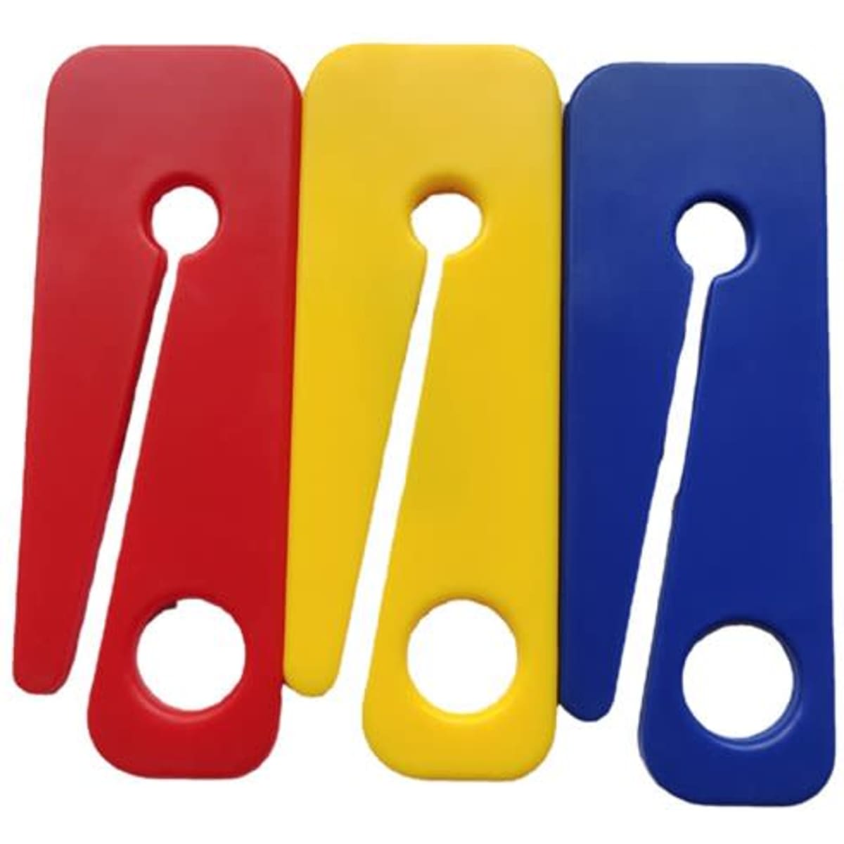 A set of three plastic safety belt cutters in red, yellow, and blue, arranged side by side. One has a logo.
