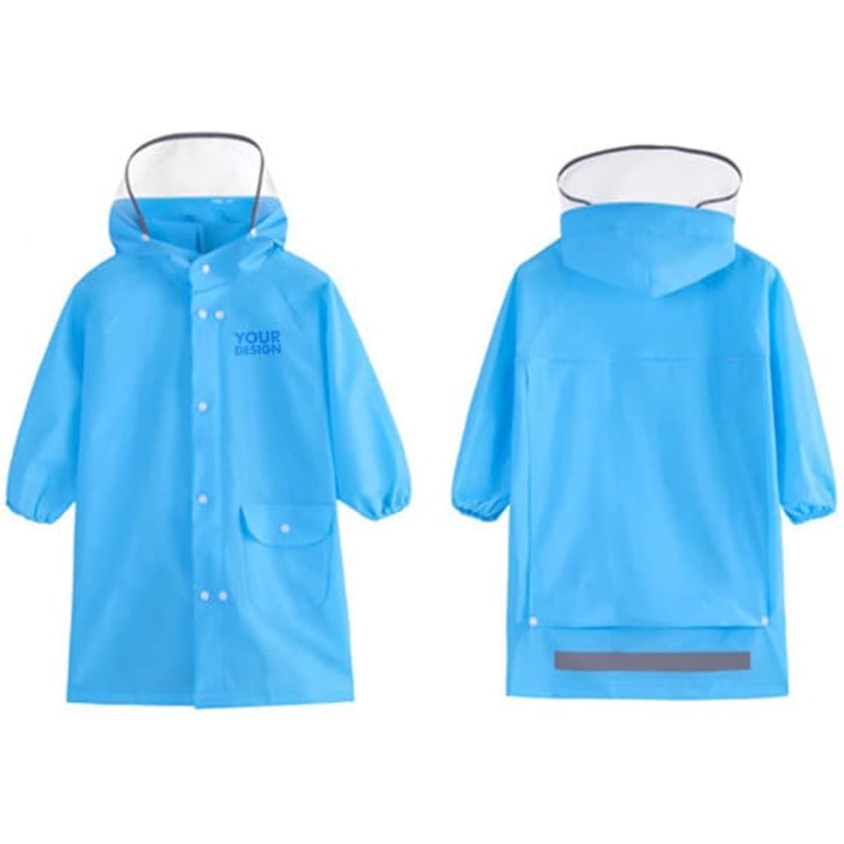 A blue custom EVA kids raincoat with a hood, featuring a branding logo and a reflective strip on the back.