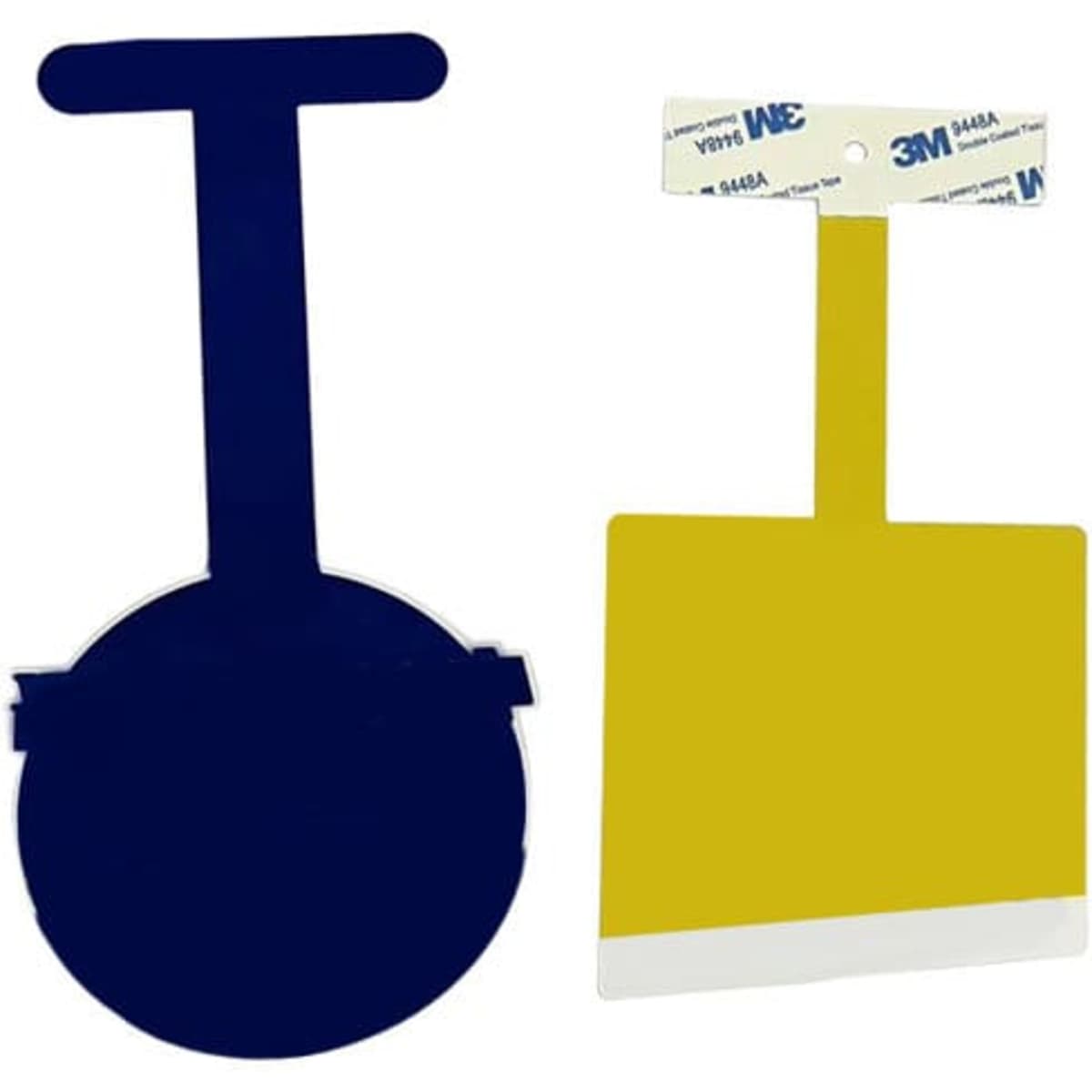 A blue and yellow supermarket shelf wobbler with a flat adhesive base for attachment.