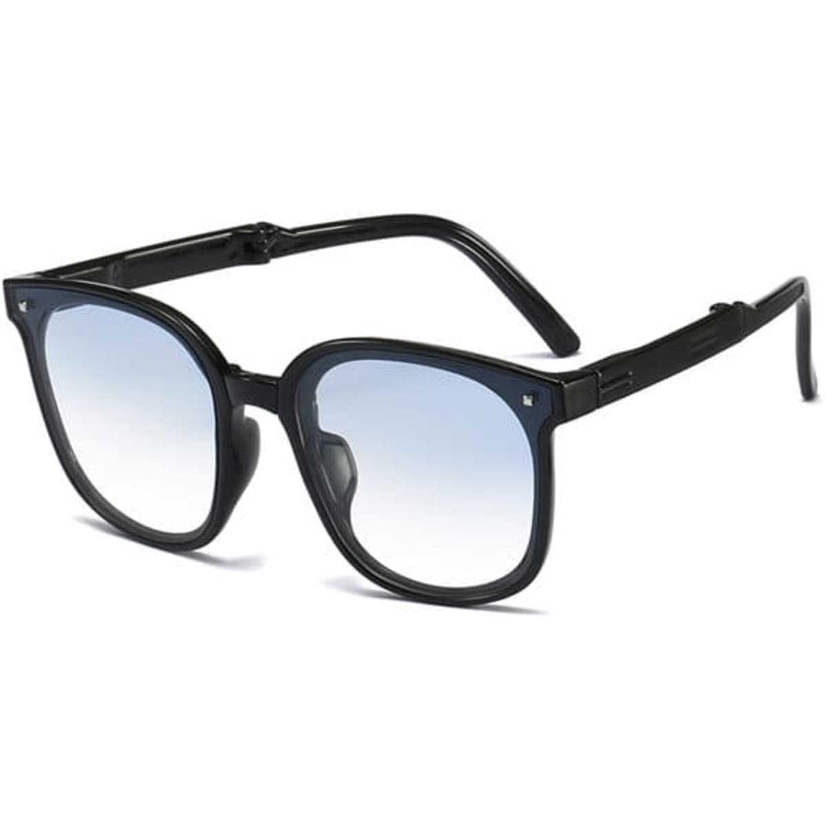 A pair of black custom polarized folding sunglasses with a gradient blue lens, featuring a logo on the frame.