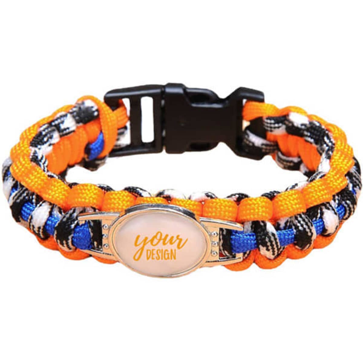 A custom woven paracord bracelet featuring orange, black, and blue colours with a logo space for personalised design.