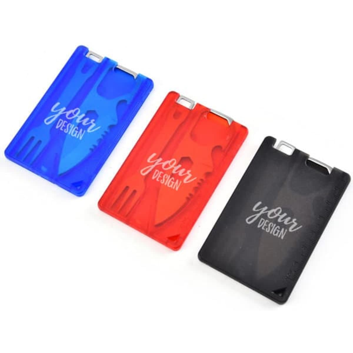 A set of three multitool cards in blue, red, and black, featuring various tool designs and a logo.