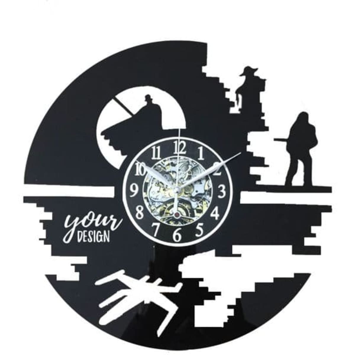 A black wall clock with intricate cut-out designs, featuring a clock face and a space for custom text.