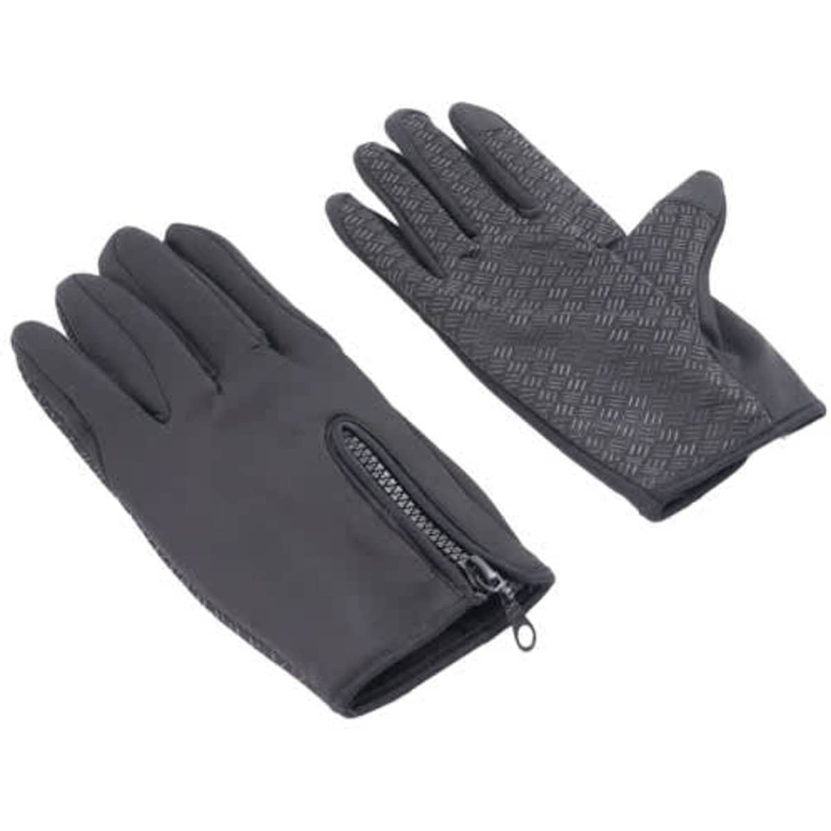 Full finger touch screen gloves in black, featuring a textured grip and a zippered wrist design.