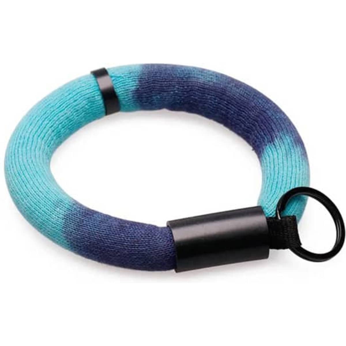 A personalized wristband key holder in blue and teal with a black ring and branding.