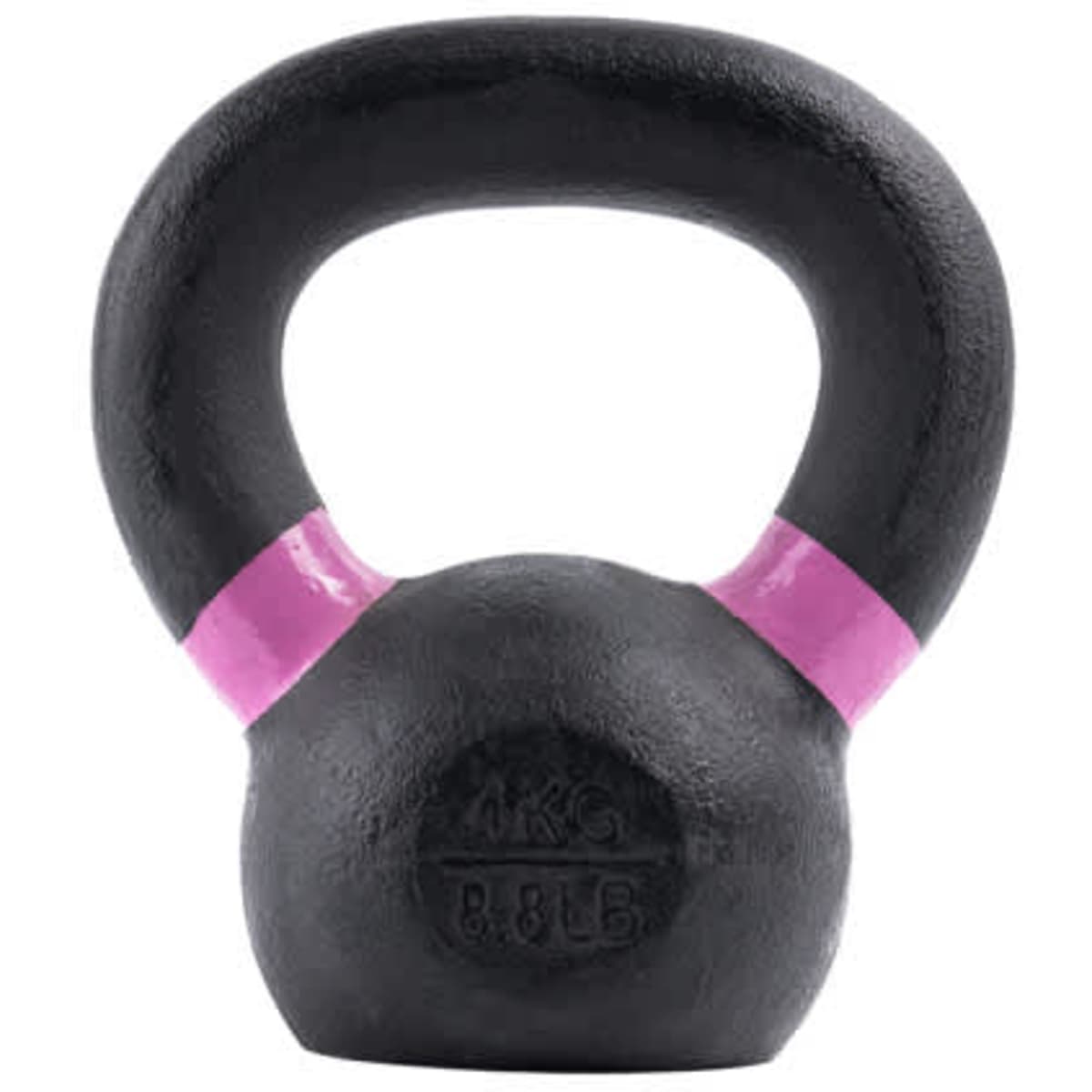 A 4kg iron kettlebell in black with a pink handle, featuring a logo on the side.