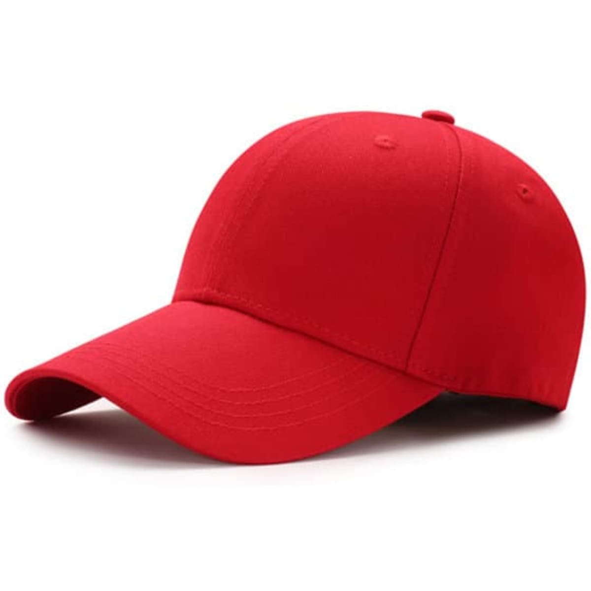 A red baseball hat featuring a custom woven label and a curved brim. Suitable for casual wear.