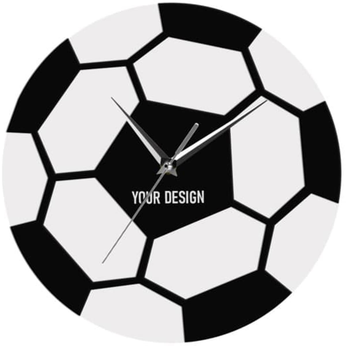 A round wall clock designed to resemble a soccer ball, featuring a black and white pattern and simple clock hands.