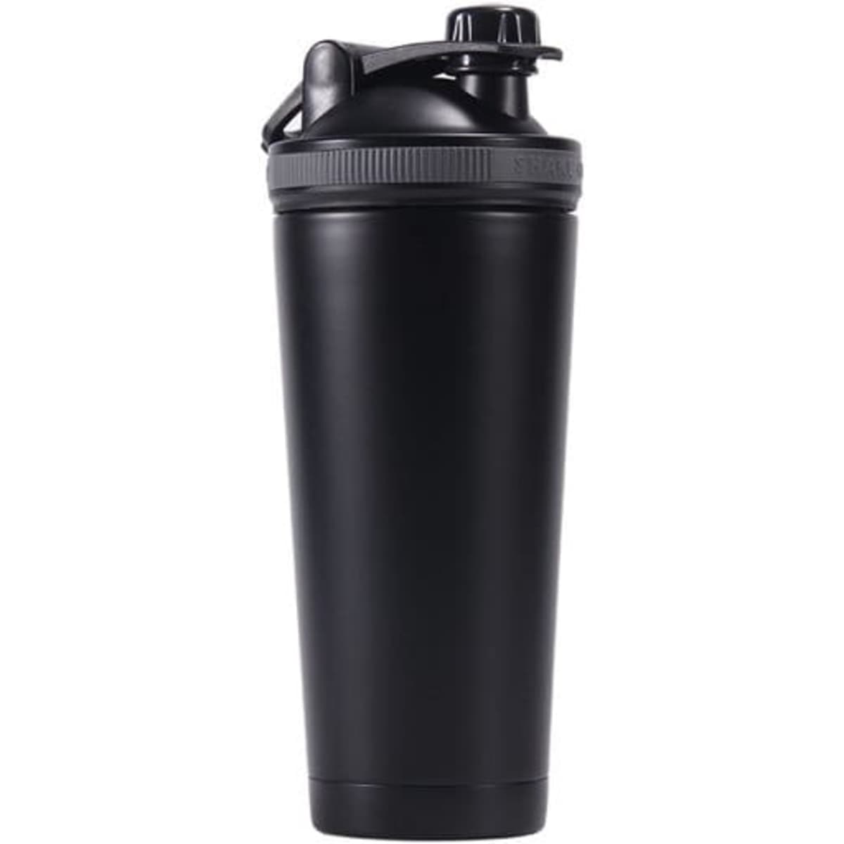 A drink bottle with a black matte finish, featuring a screw-top lid and a built-in spout. It includes a logo.