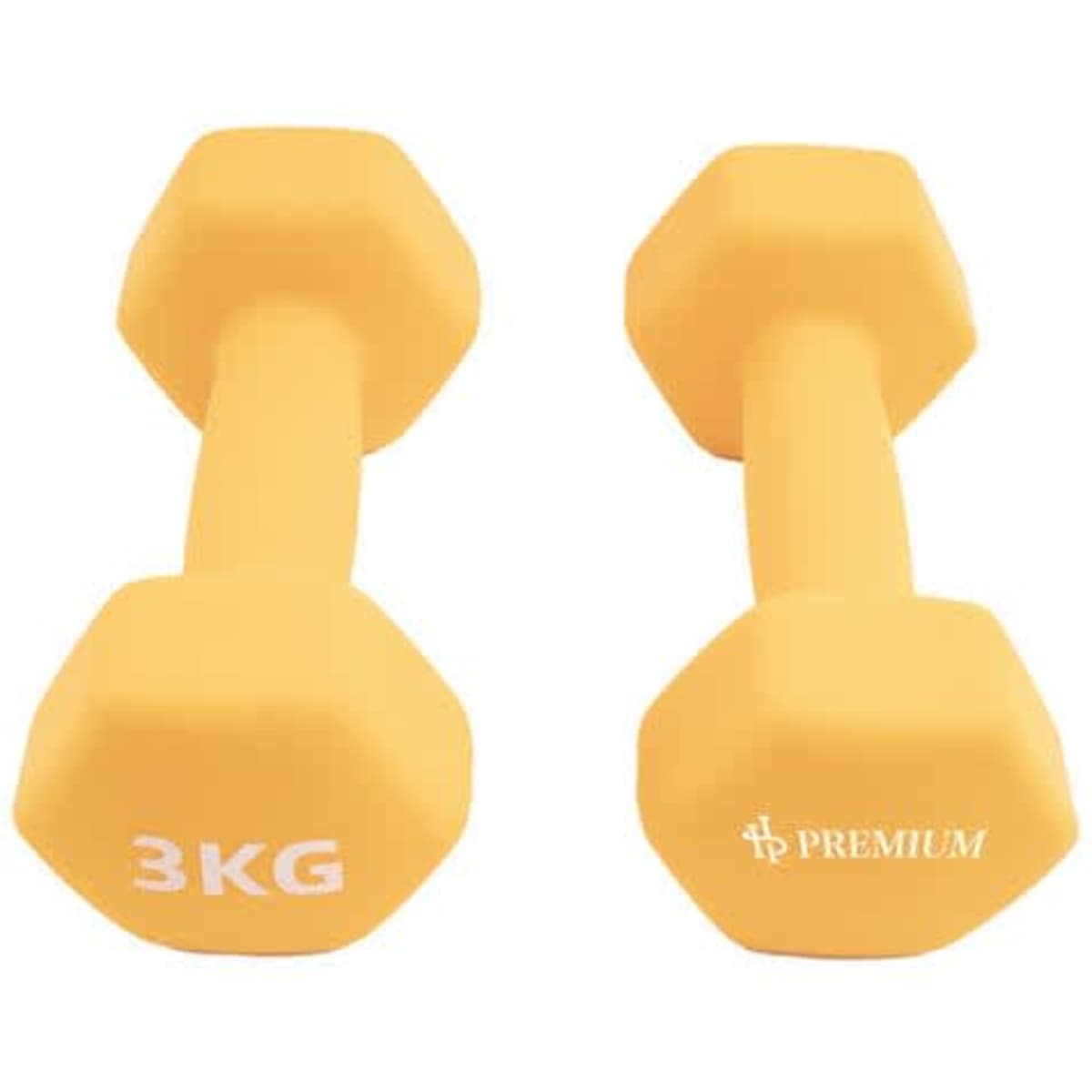 A pair of 3kg hexagonal dumbbells in bright orange, featuring a logo on one side.