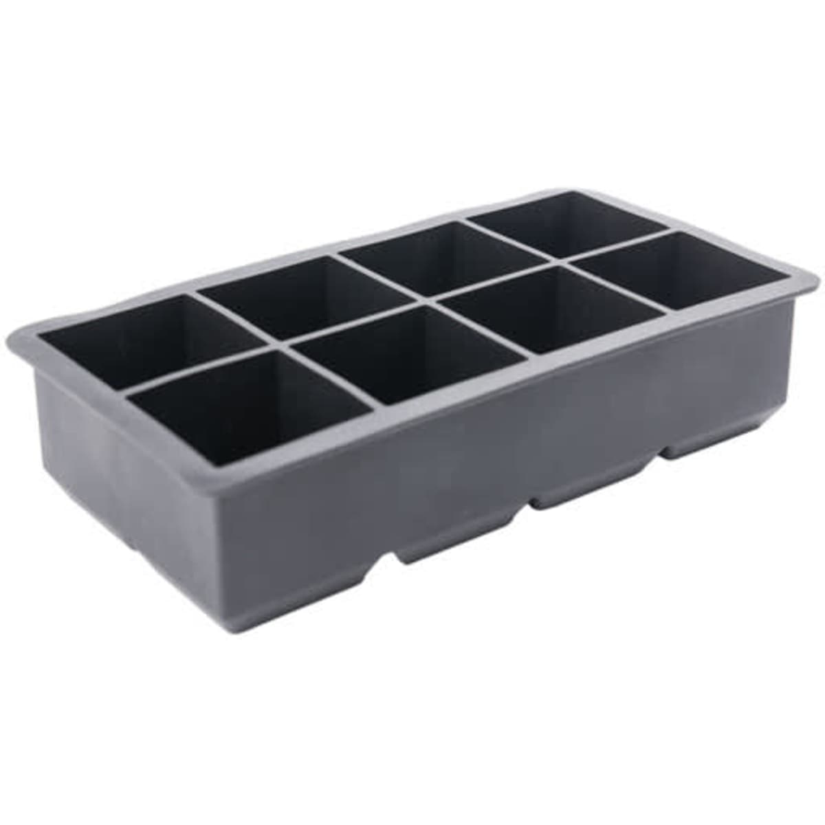 A grey silicone ice cube tray with eight individual grids for making ice cubes, featuring a flexible design.