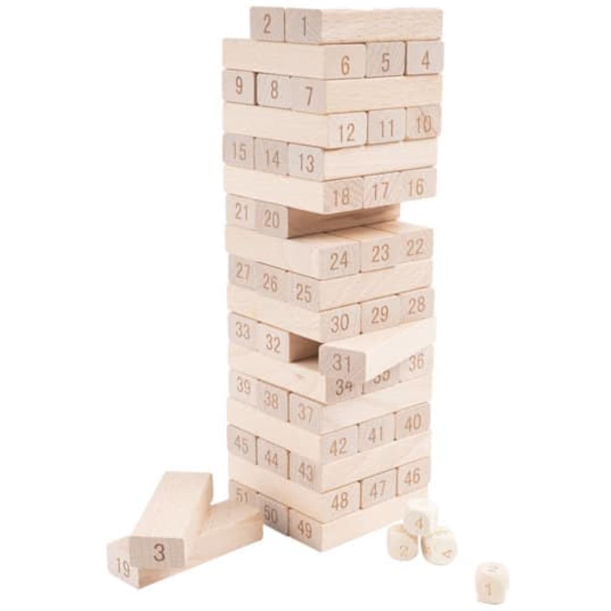 A wooden tumbling tower game with numbered blocks in a natural wood finish, stacked in various positions.