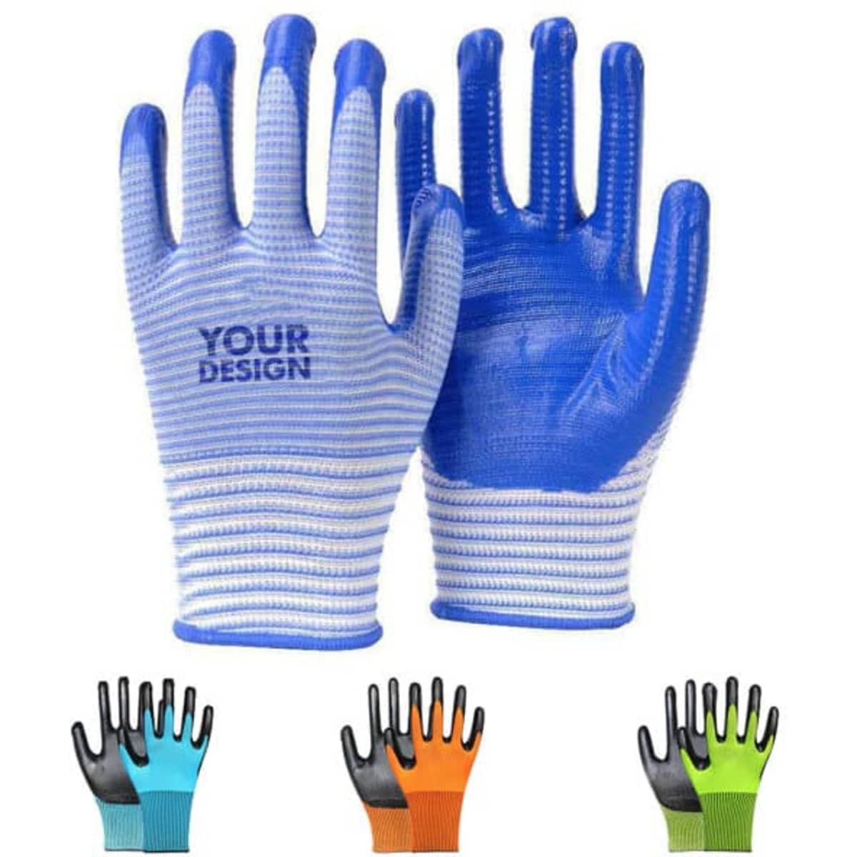 Latex coated working gloves in blue and white, featuring various colour options displayed below. There is a logo present.