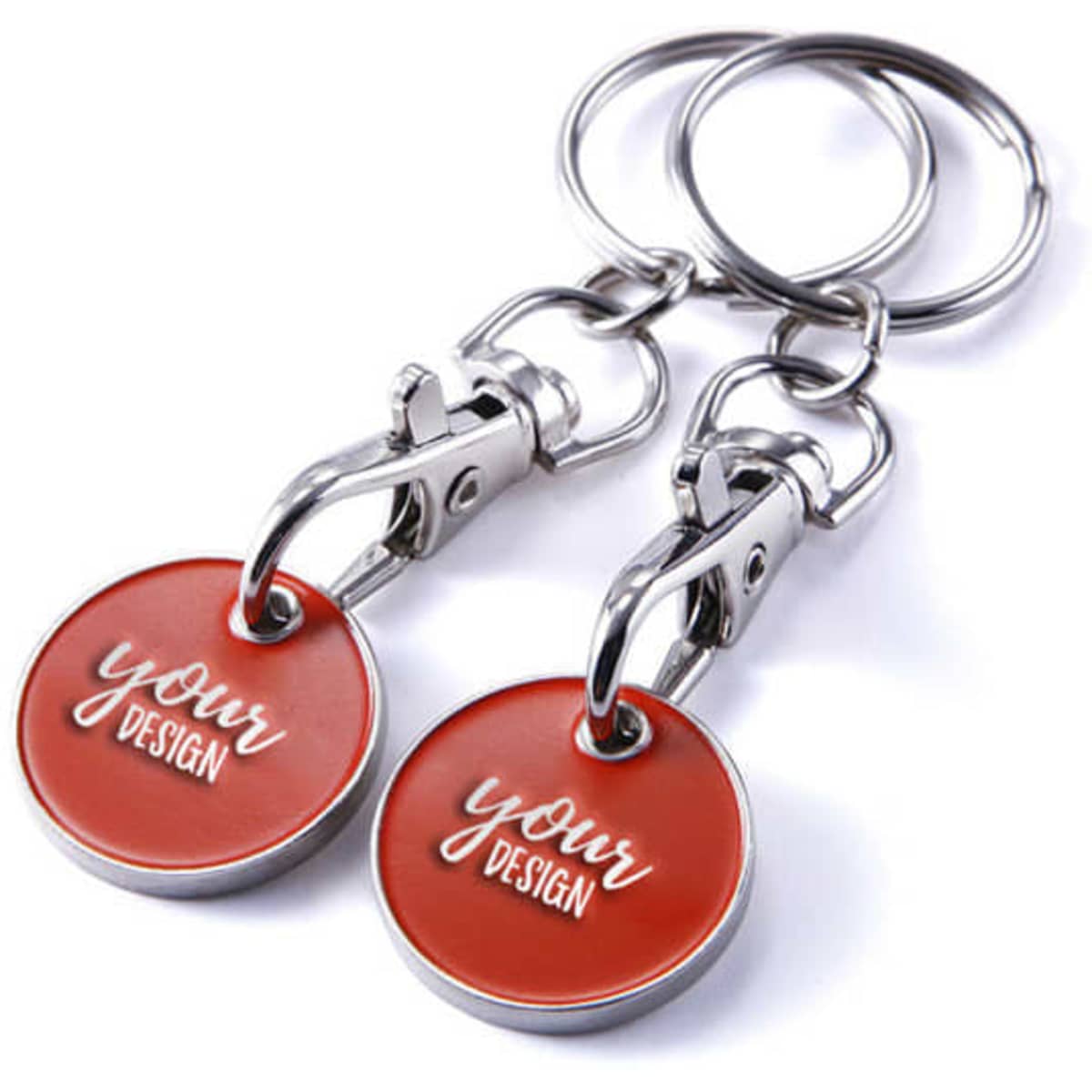 A pair of silver keyrings with lobster clasps and round red discs for custom designs.