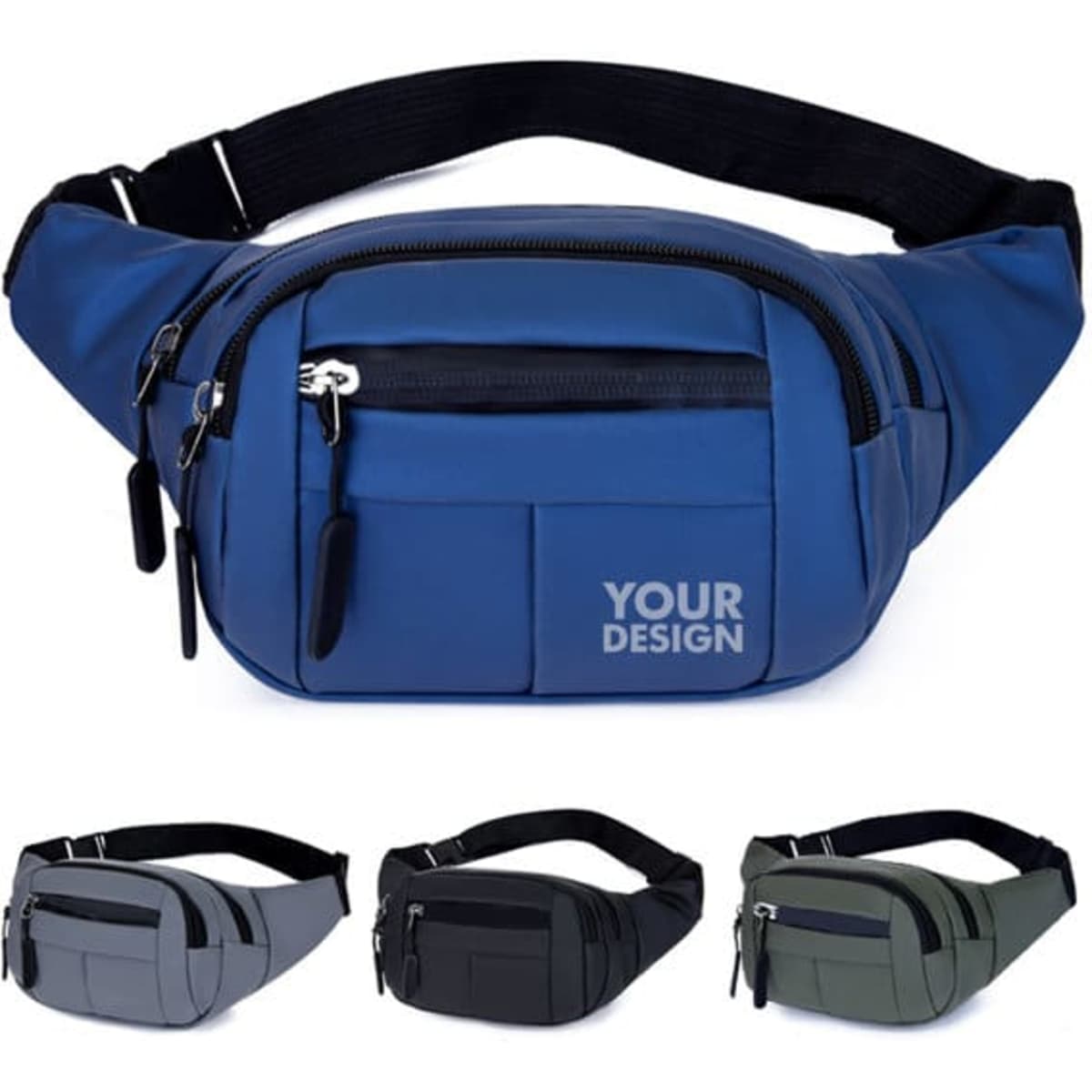 A multi-pocket PU waist bag in blue, featuring several zippered compartments, with options in grey, black, and green.