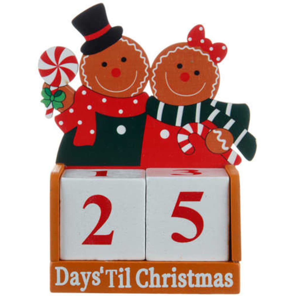 A festive advent calendar featuring two gingerbread figures, showing numbers 2 and 5, in red, green, and white.