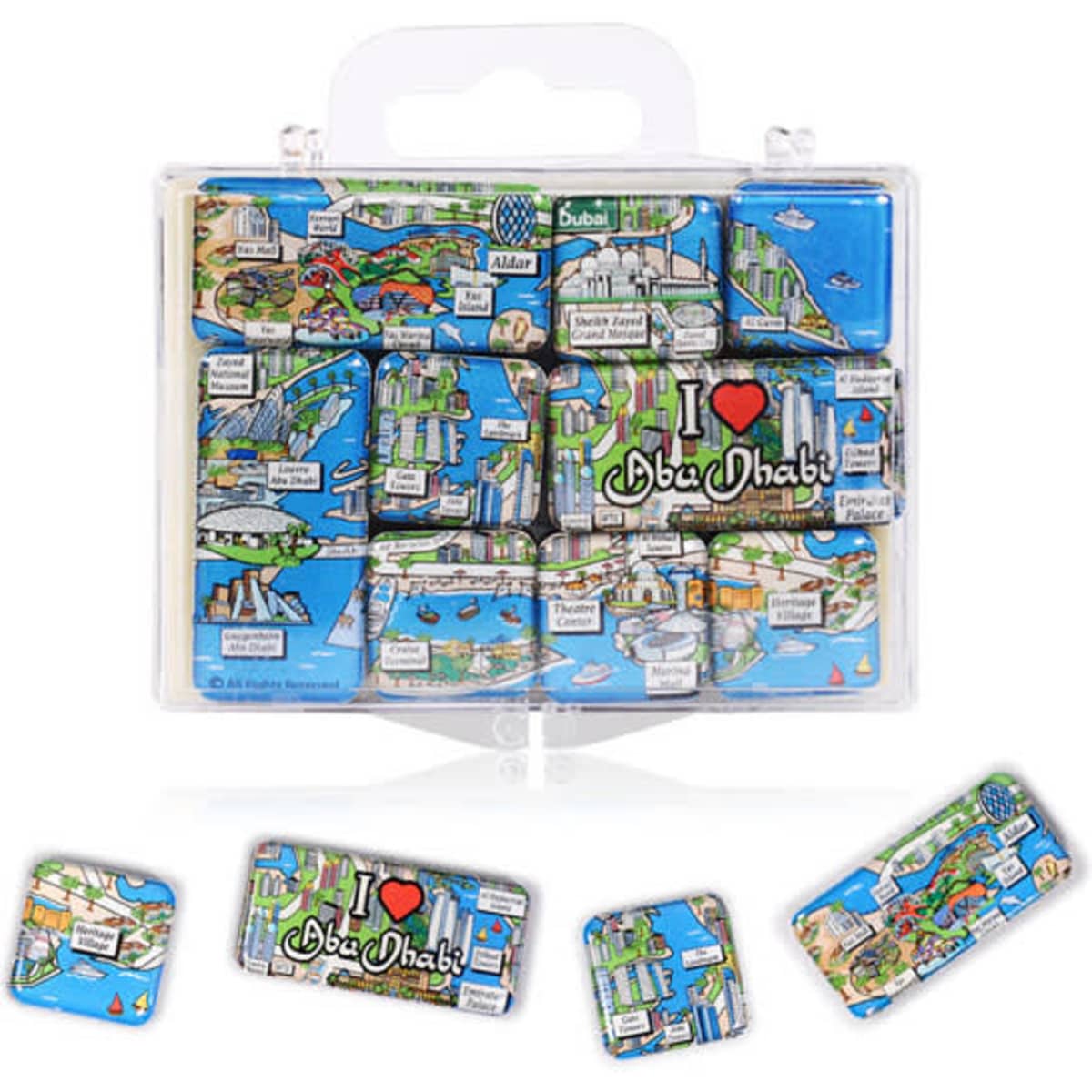 A set of colourful refrigerator magnets featuring maps and landmarks of Abu Dhabi, packaged in a clear case.