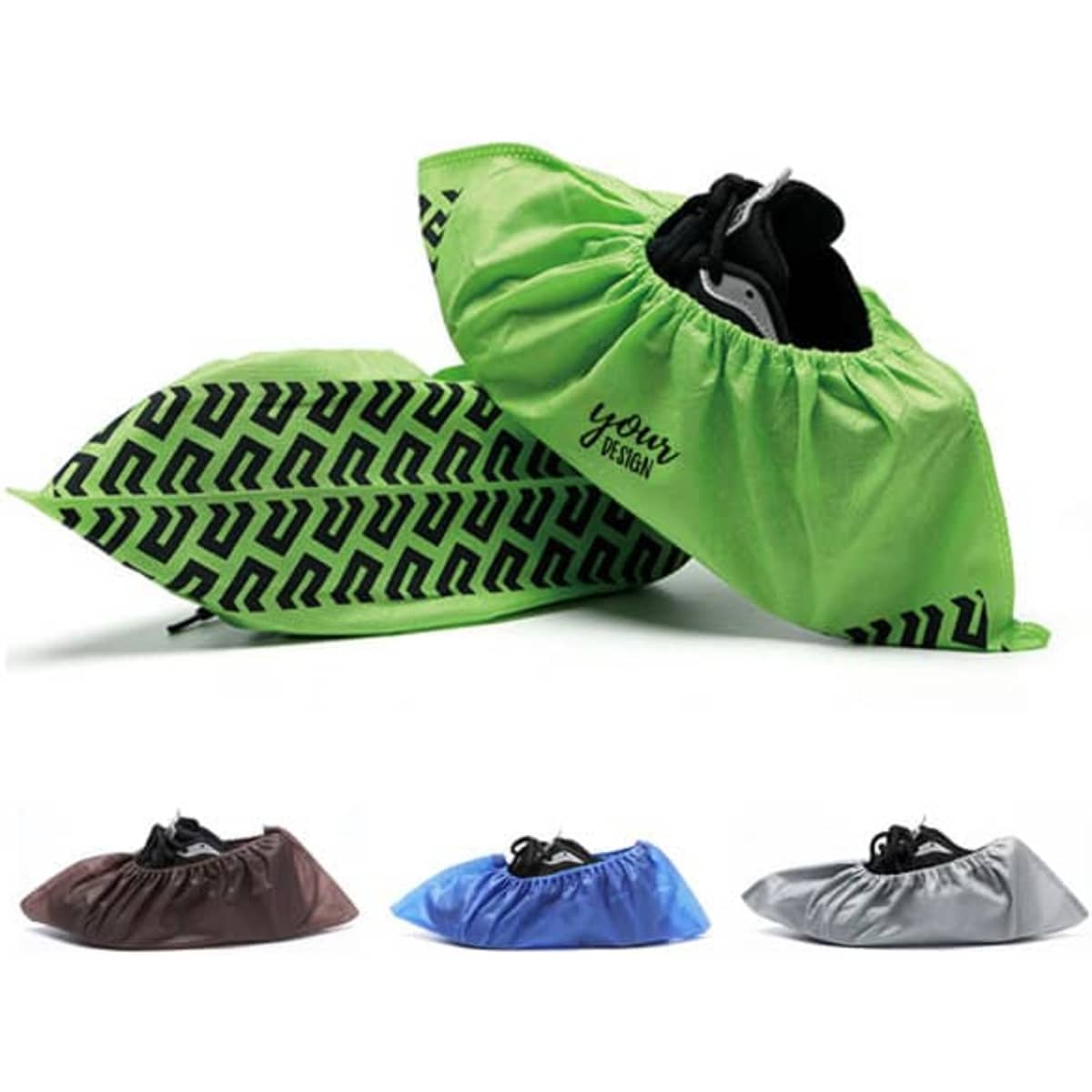 Non-slip reusable shoe covers in green with a logo, displayed with options in brown, black, and silver.