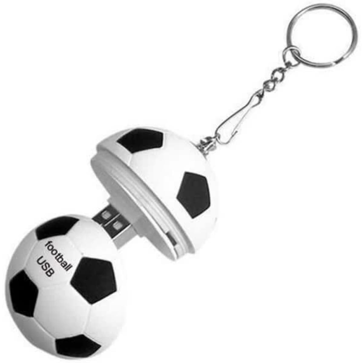 A football-shaped USB flash drive in white and black, attached to a keyring with a metal clasp.