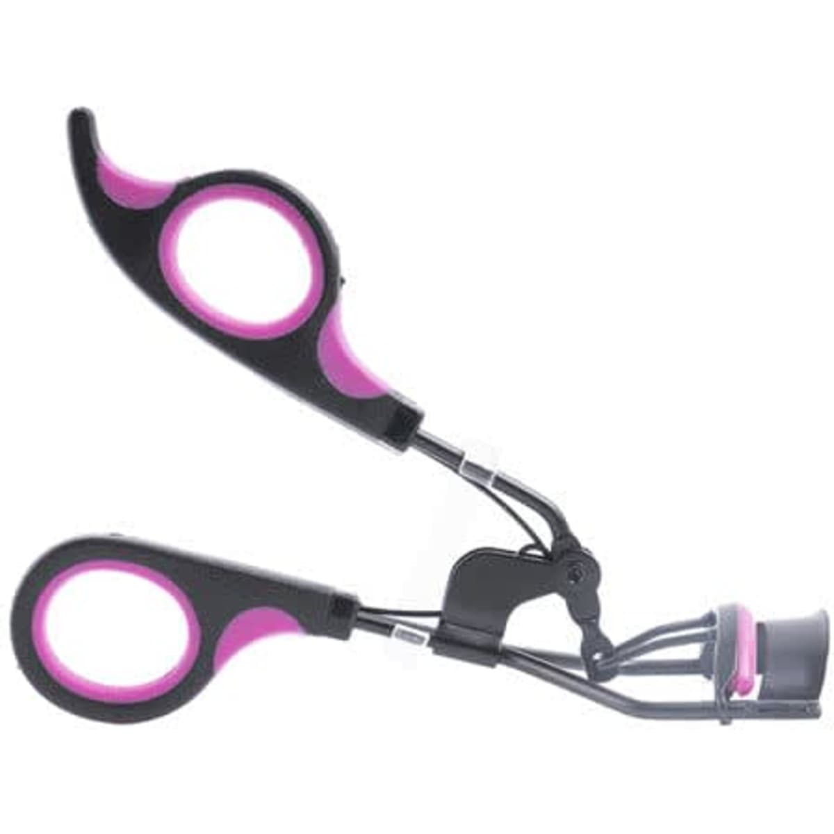 A cosmetic eyelash curler in black and pink, featuring ergonomic handles and a curved design for easy use.
