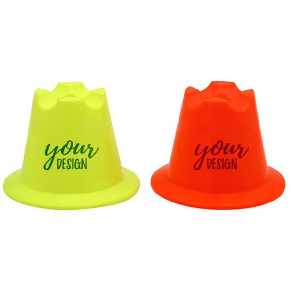 A football training sign bucket set in bright yellow and orange, featuring a logo and a design area.